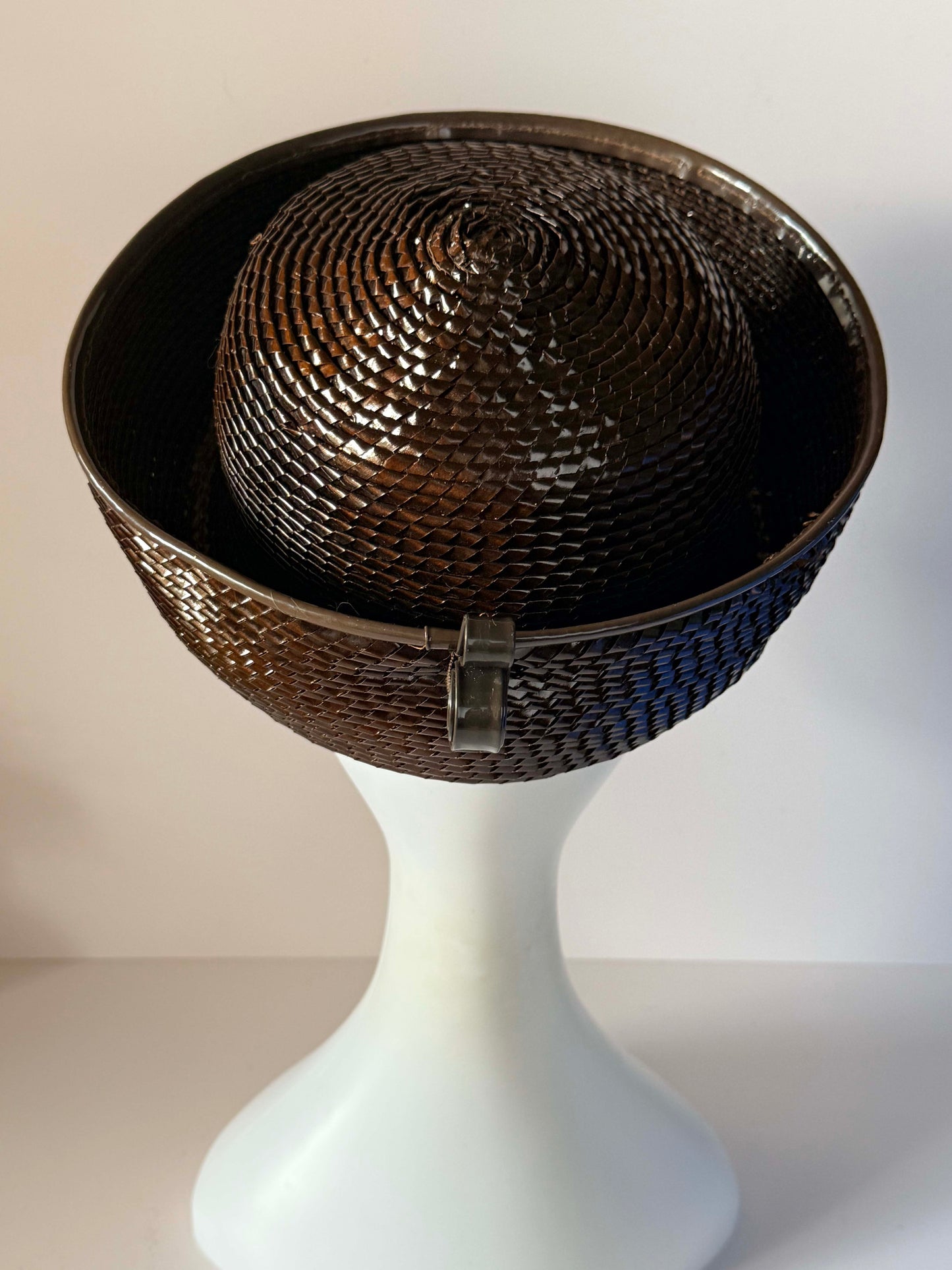 Vintage 1960s Dark Brown Woven Straw Breton Hat Deep Upturned Brim Women's Mod Mid Century Millinery