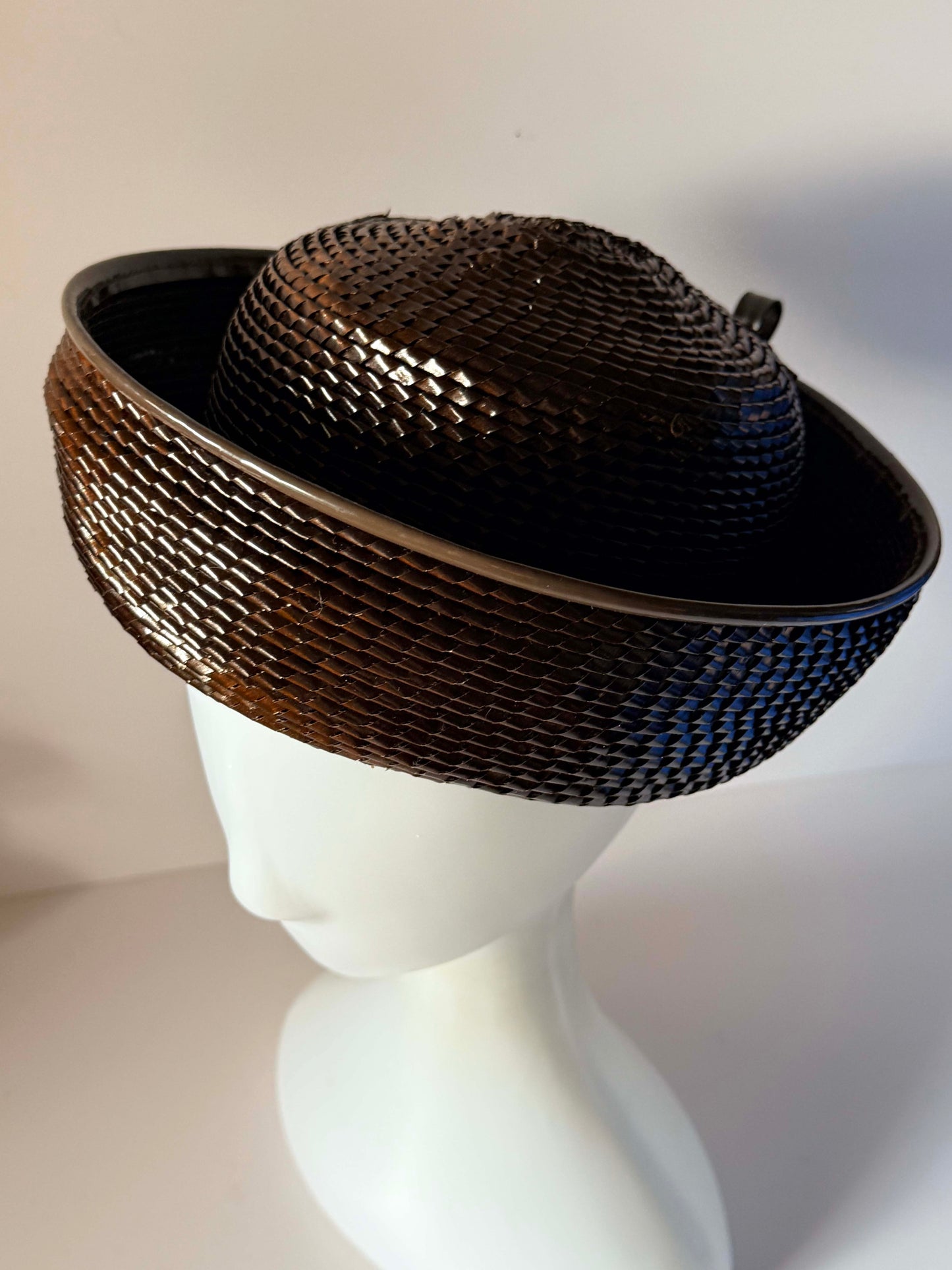 Vintage 1960s Dark Brown Woven Straw Breton Hat Deep Upturned Brim Women's Mod Mid Century Millinery