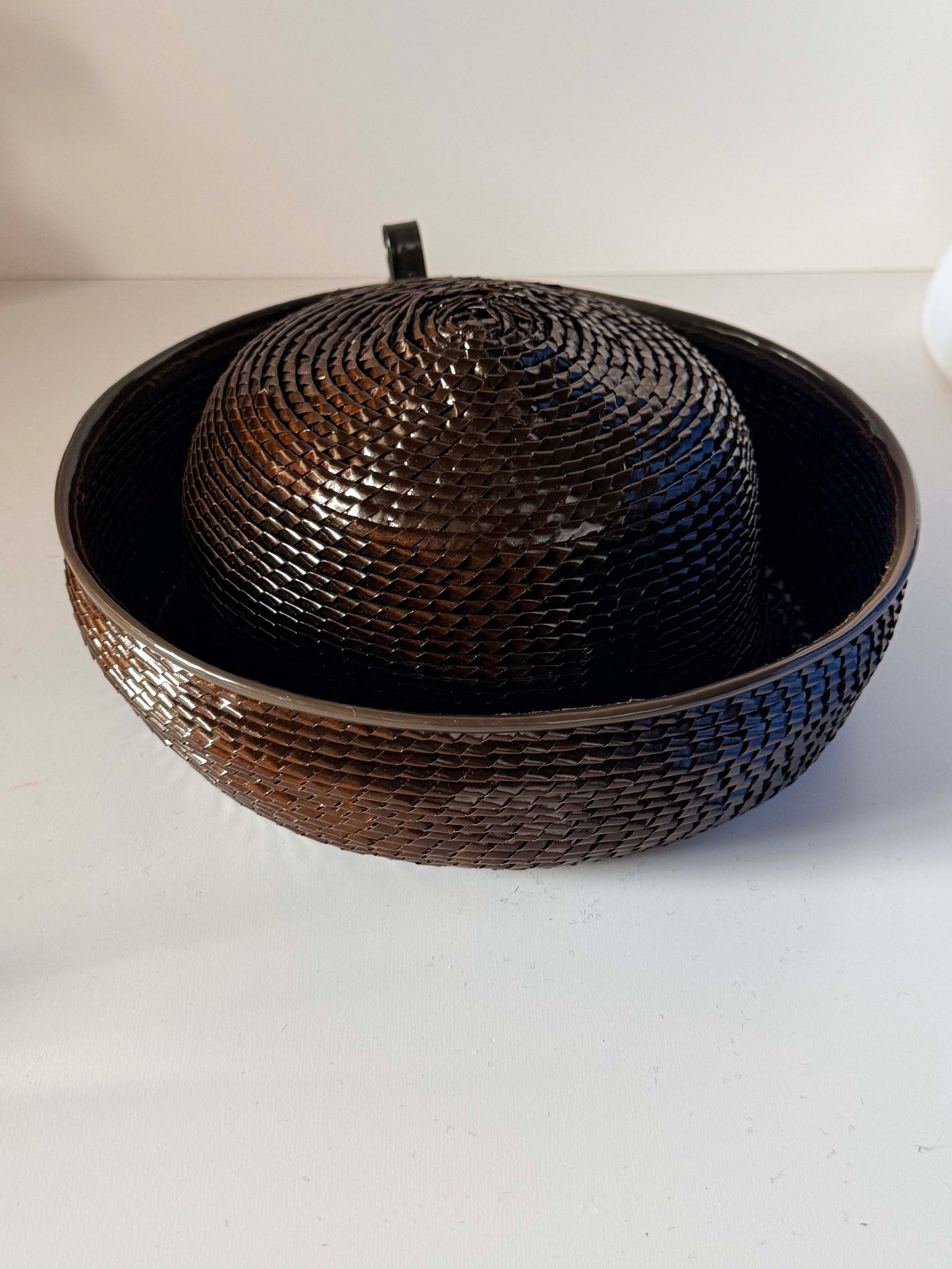 Vintage 1960s Dark Brown Woven Straw Breton Hat Deep Upturned Brim Women's Mod Mid Century Millinery