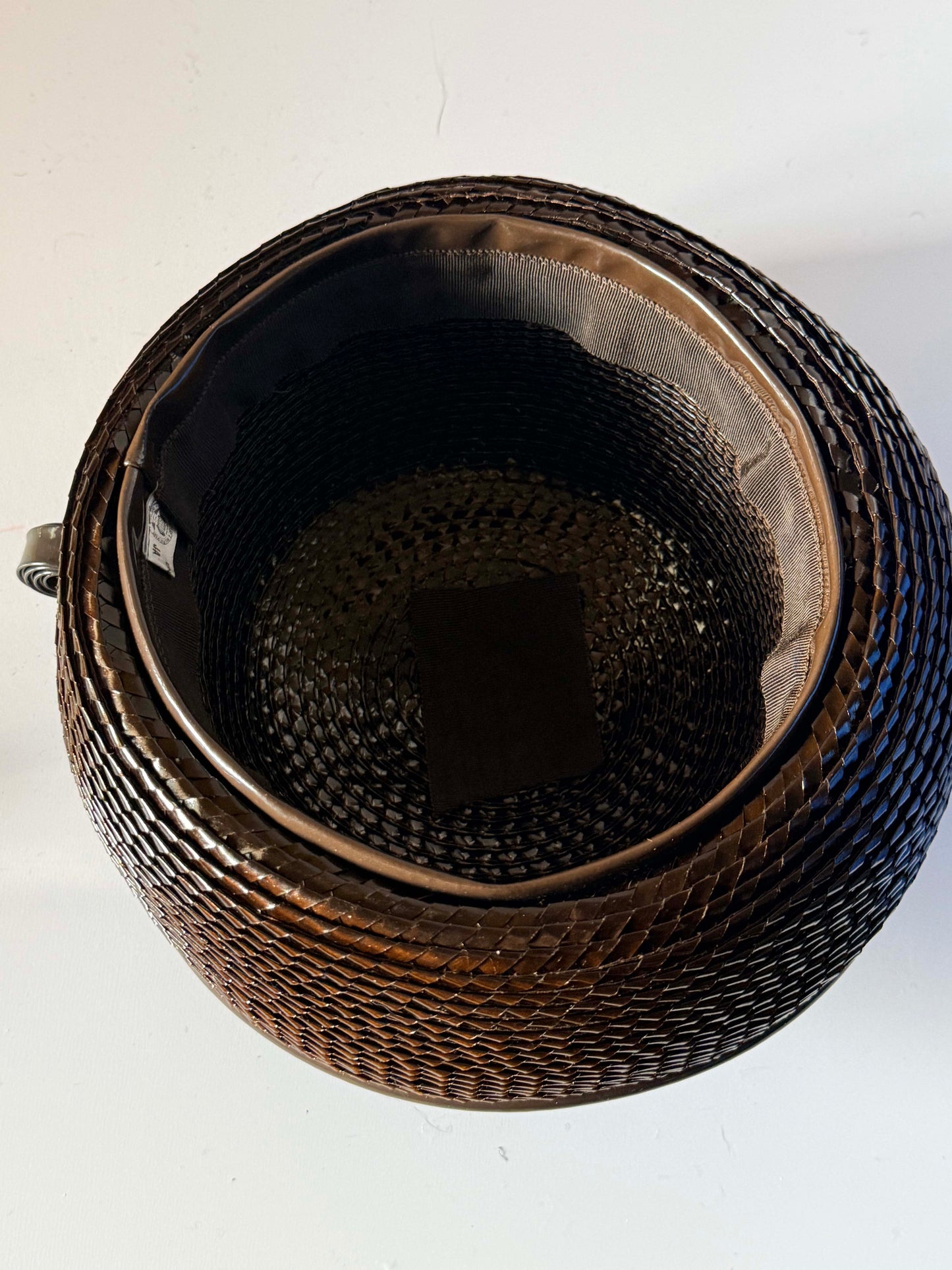 Vintage 1960s Dark Brown Woven Straw Breton Hat Deep Upturned Brim Women's Mod Mid Century Millinery