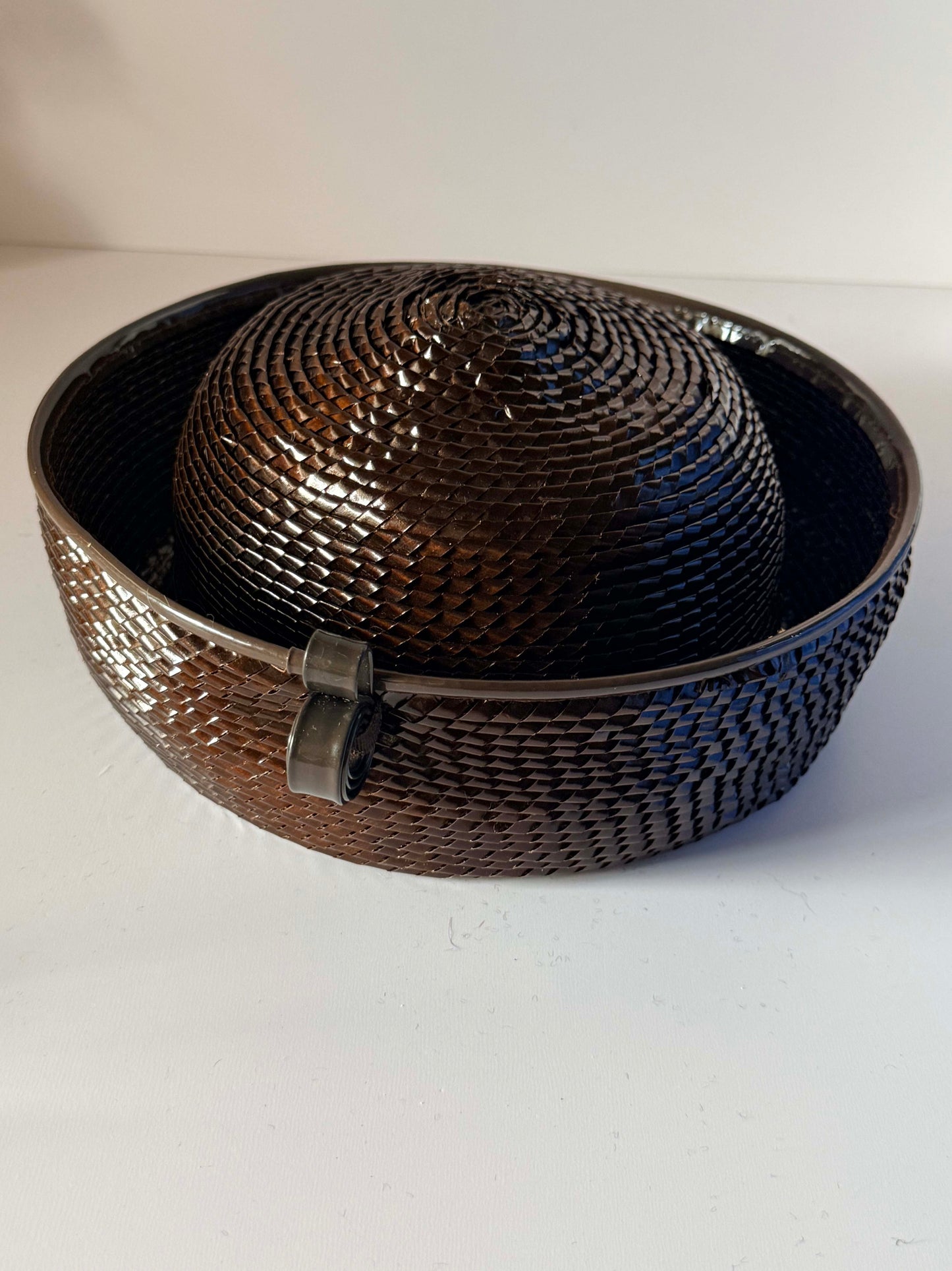 Vintage 1960s Dark Brown Woven Straw Breton Hat Deep Upturned Brim Women's Mod Mid Century Millinery