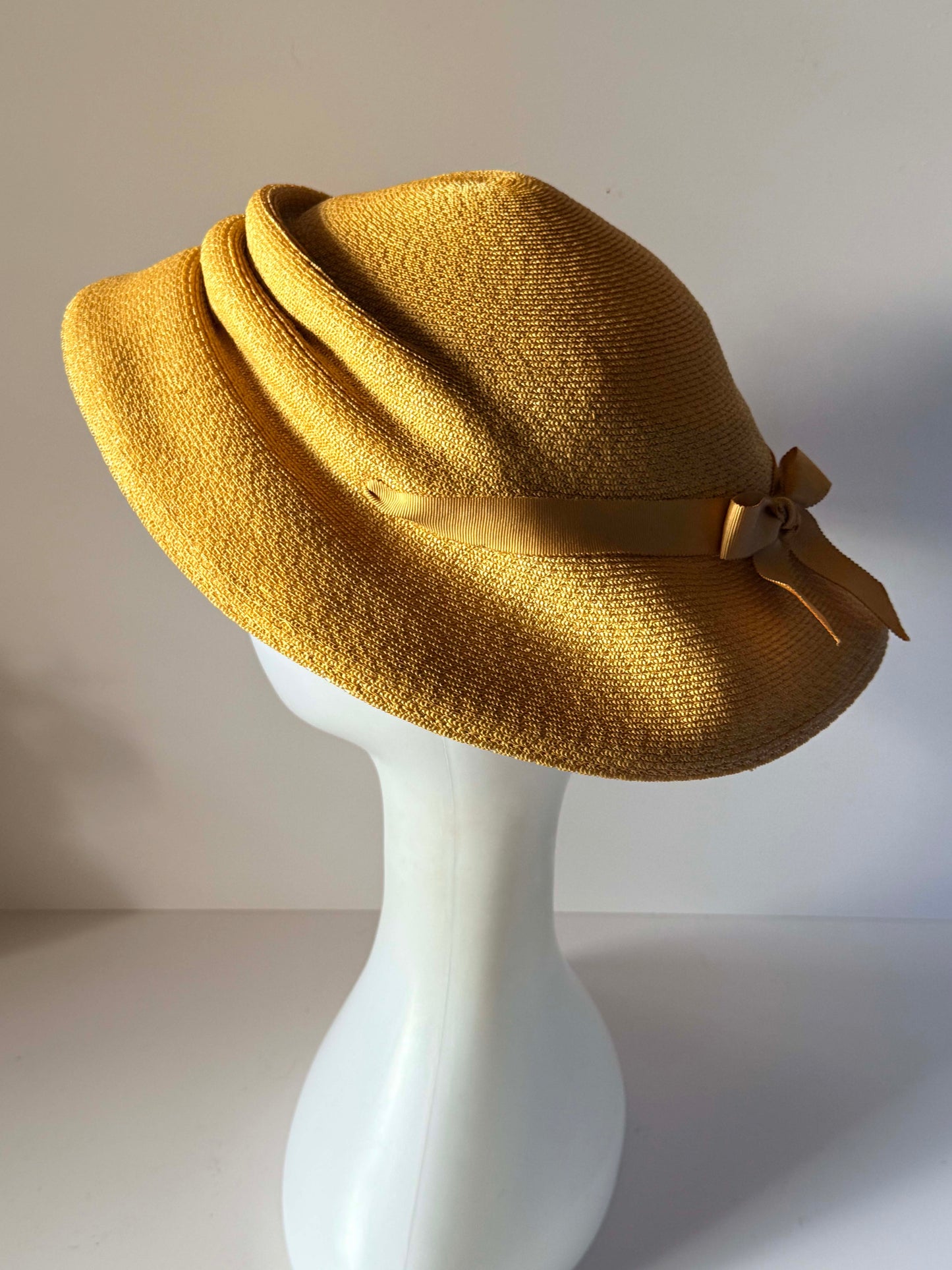 Vintage 1960s Ron Original Golden Mustard Straw Hat Sculptural Asymmetrical Brim Mid Century Women's Millinery