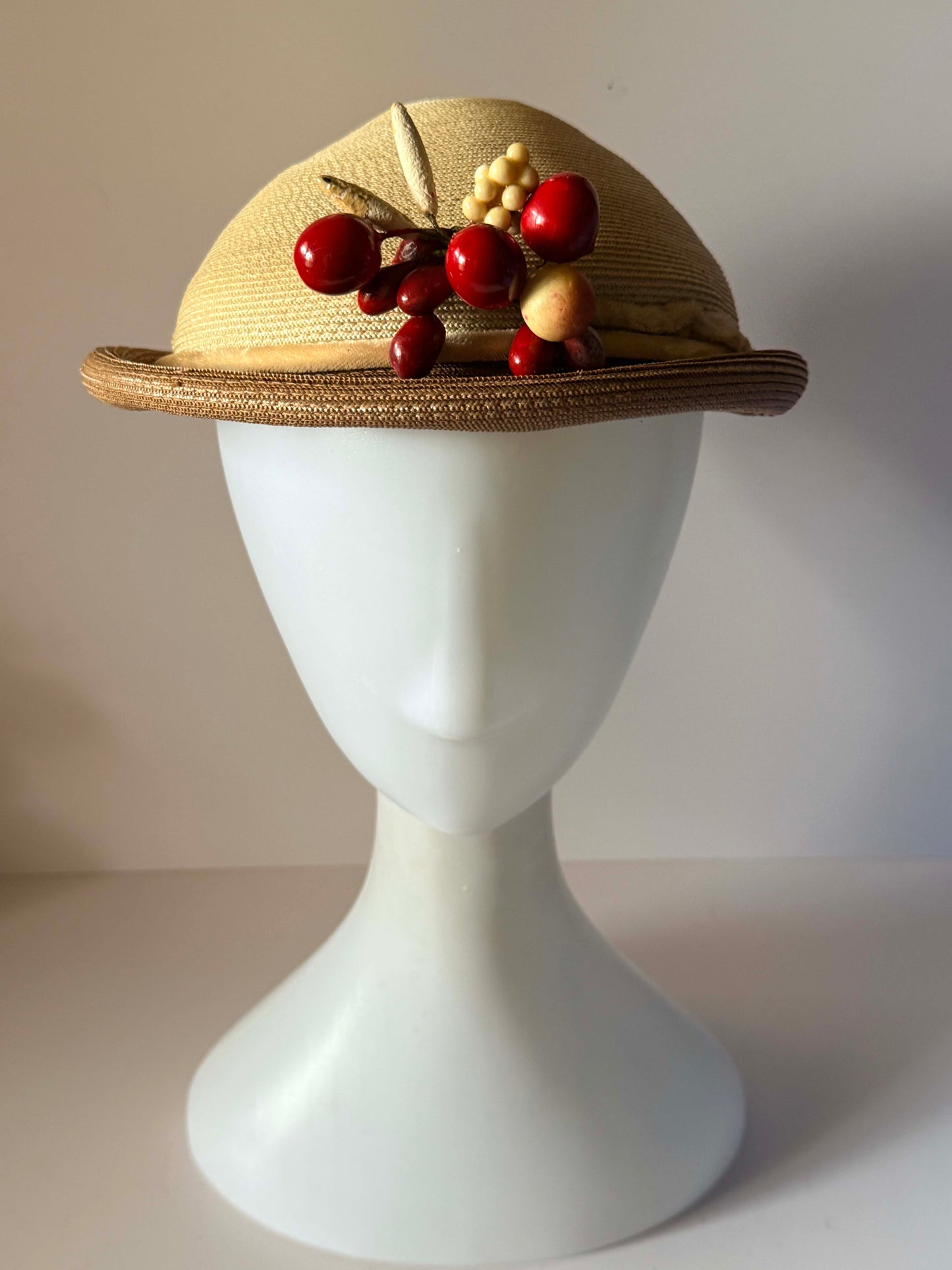 Vintage 1950s Straw Hat Red Cherry Fruit Trim Novelty Tilt Hat Mid Century Women's Millinery