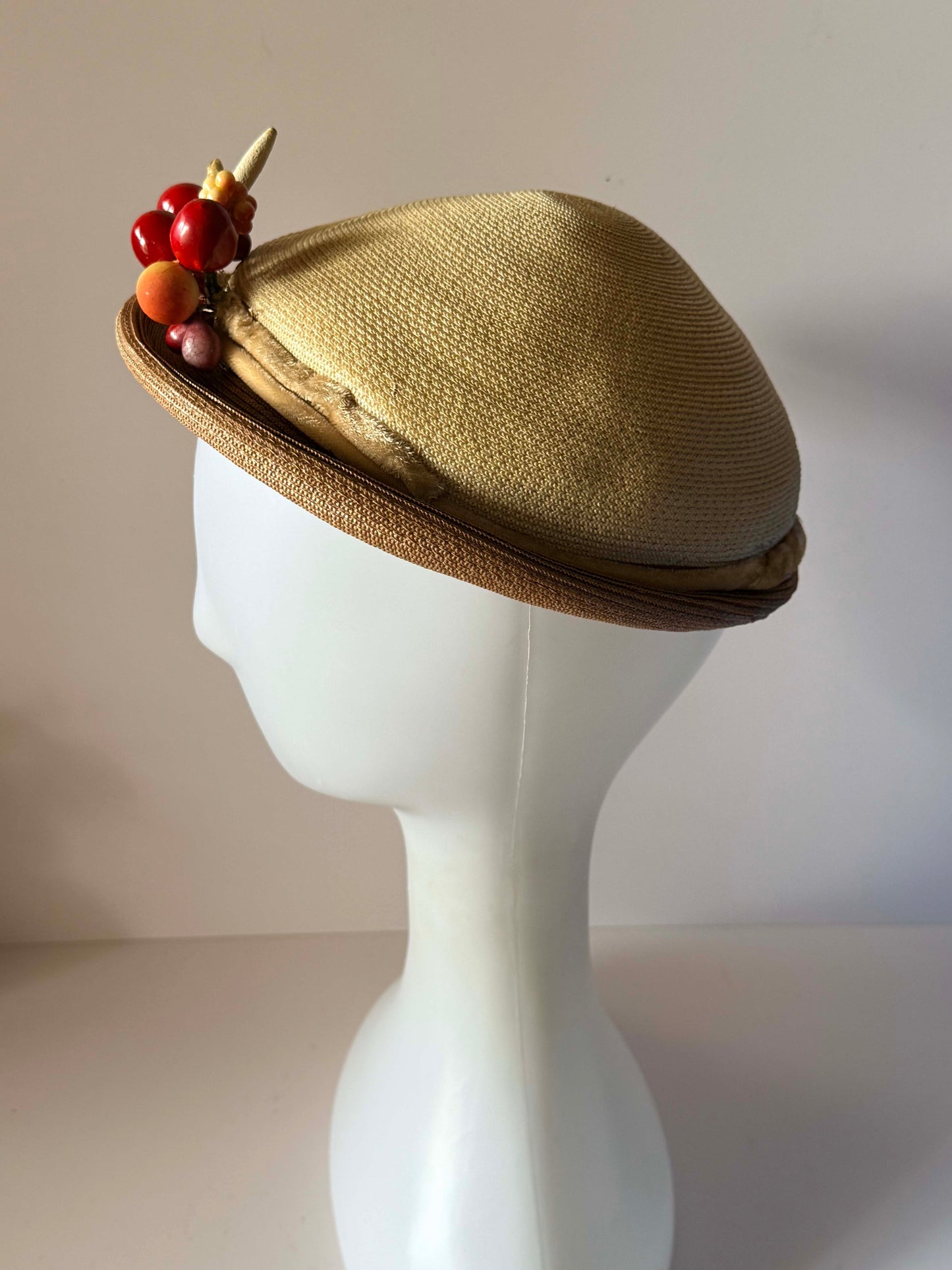 Vintage 1950s Straw Hat Red Cherry Fruit Trim Novelty Tilt Hat Mid Century Women's Millinery