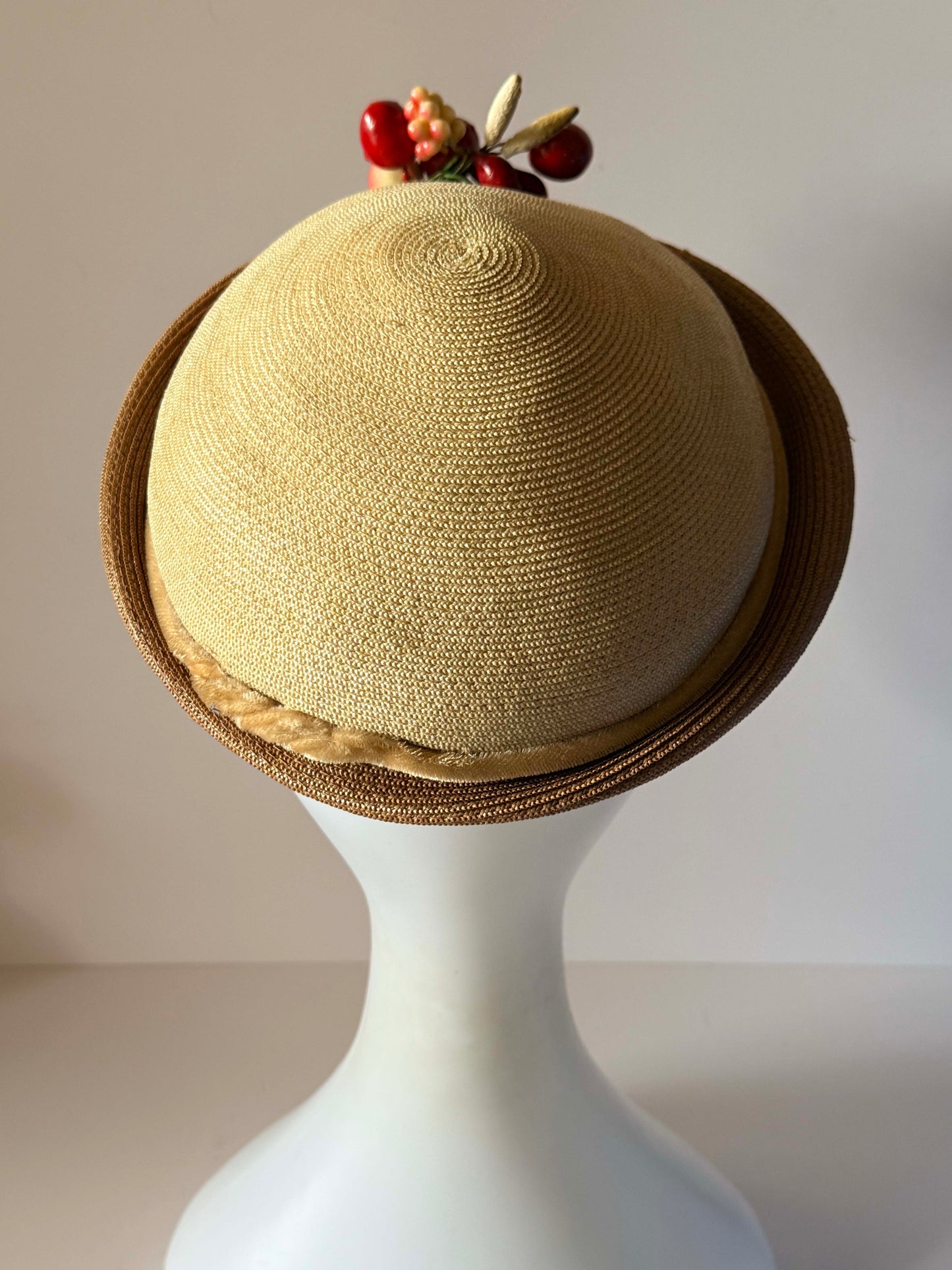 Vintage 1950s Straw Hat Red Cherry Fruit Trim Novelty Tilt Hat Mid Century Women's Millinery