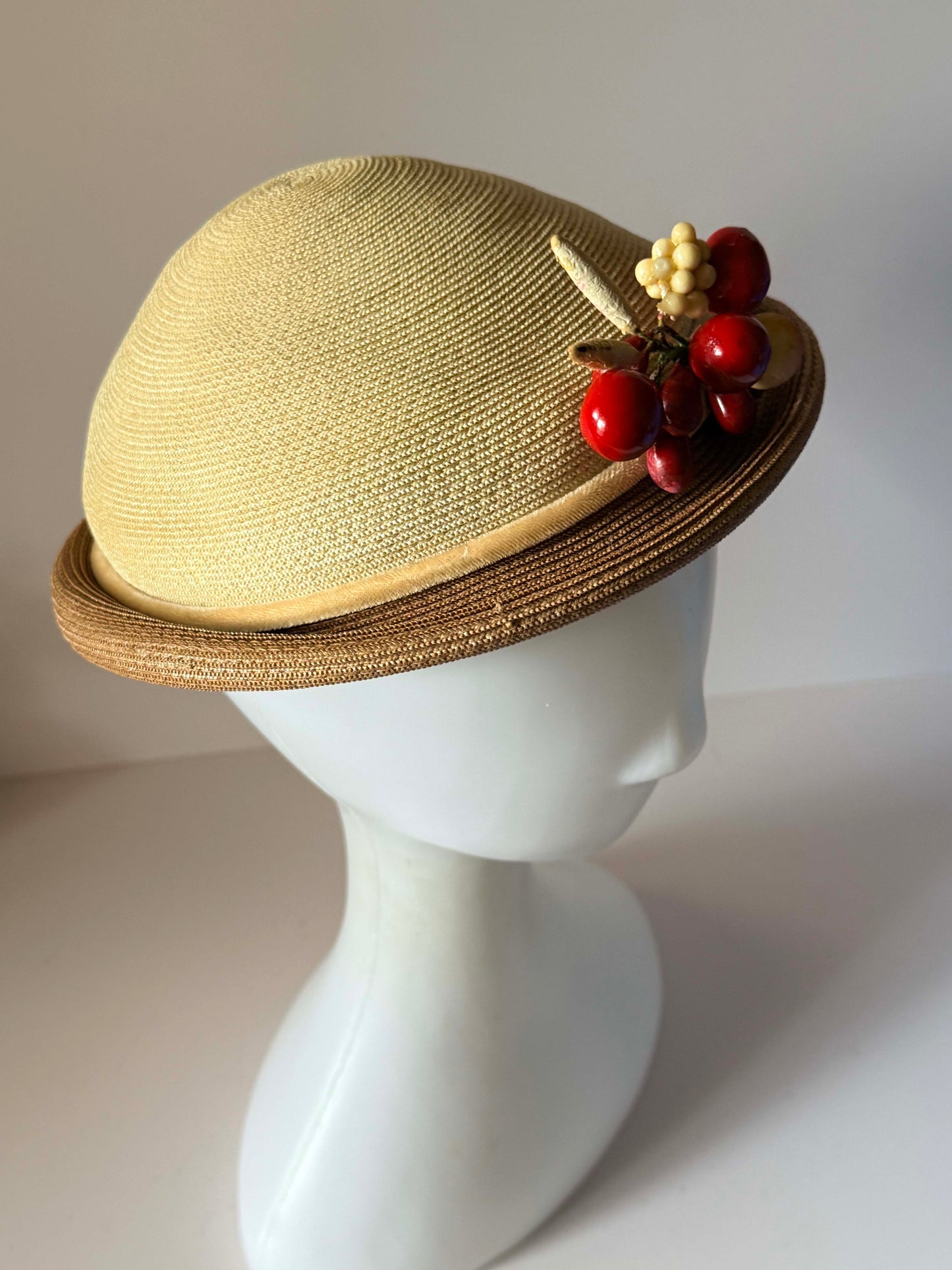 Vintage 1950s Straw Hat Red Cherry Fruit Trim Novelty Tilt Hat Mid Century Women's Millinery