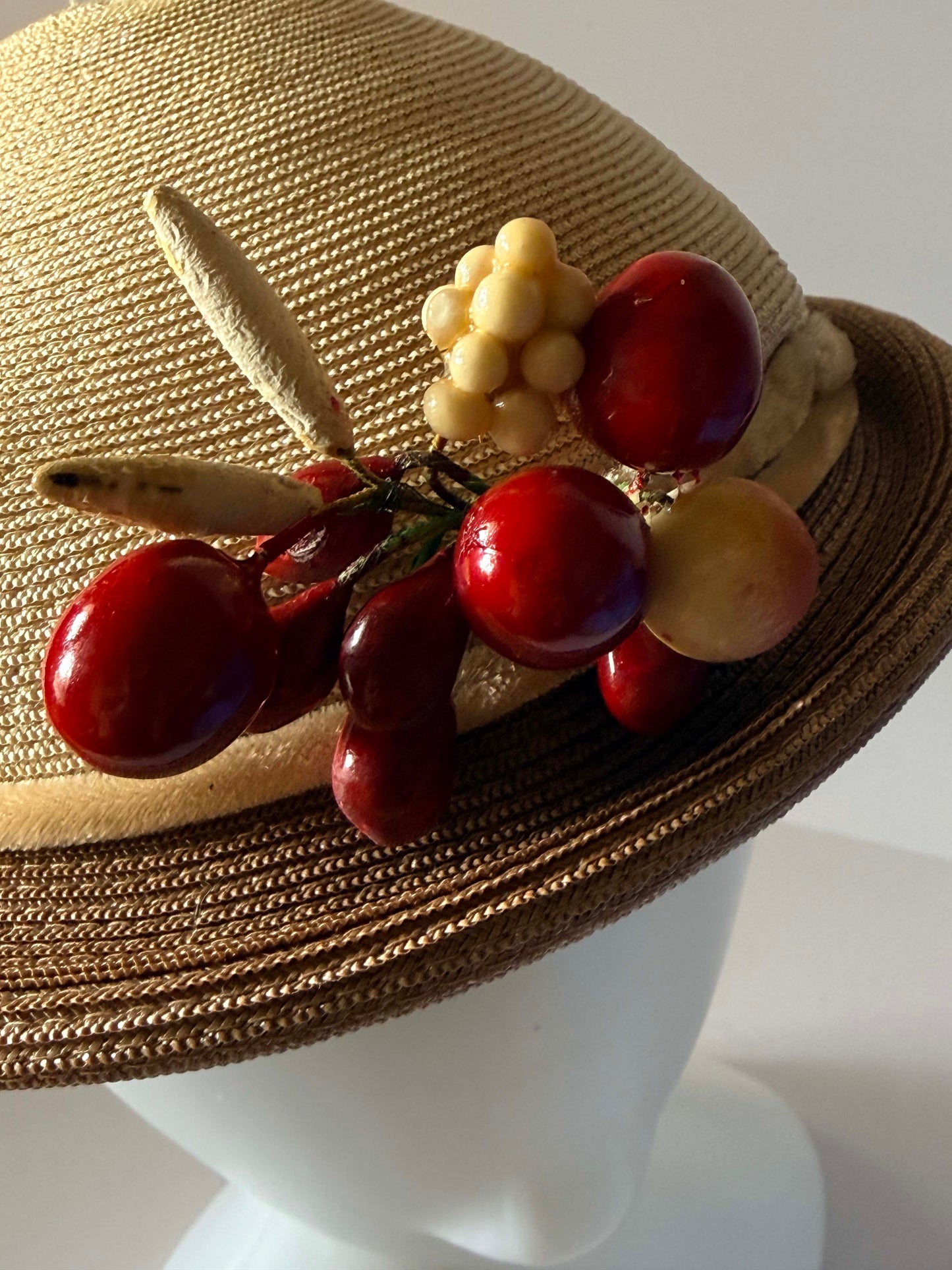Vintage 1950s Straw Hat Red Cherry Fruit Trim Novelty Tilt Hat Mid Century Women's Millinery