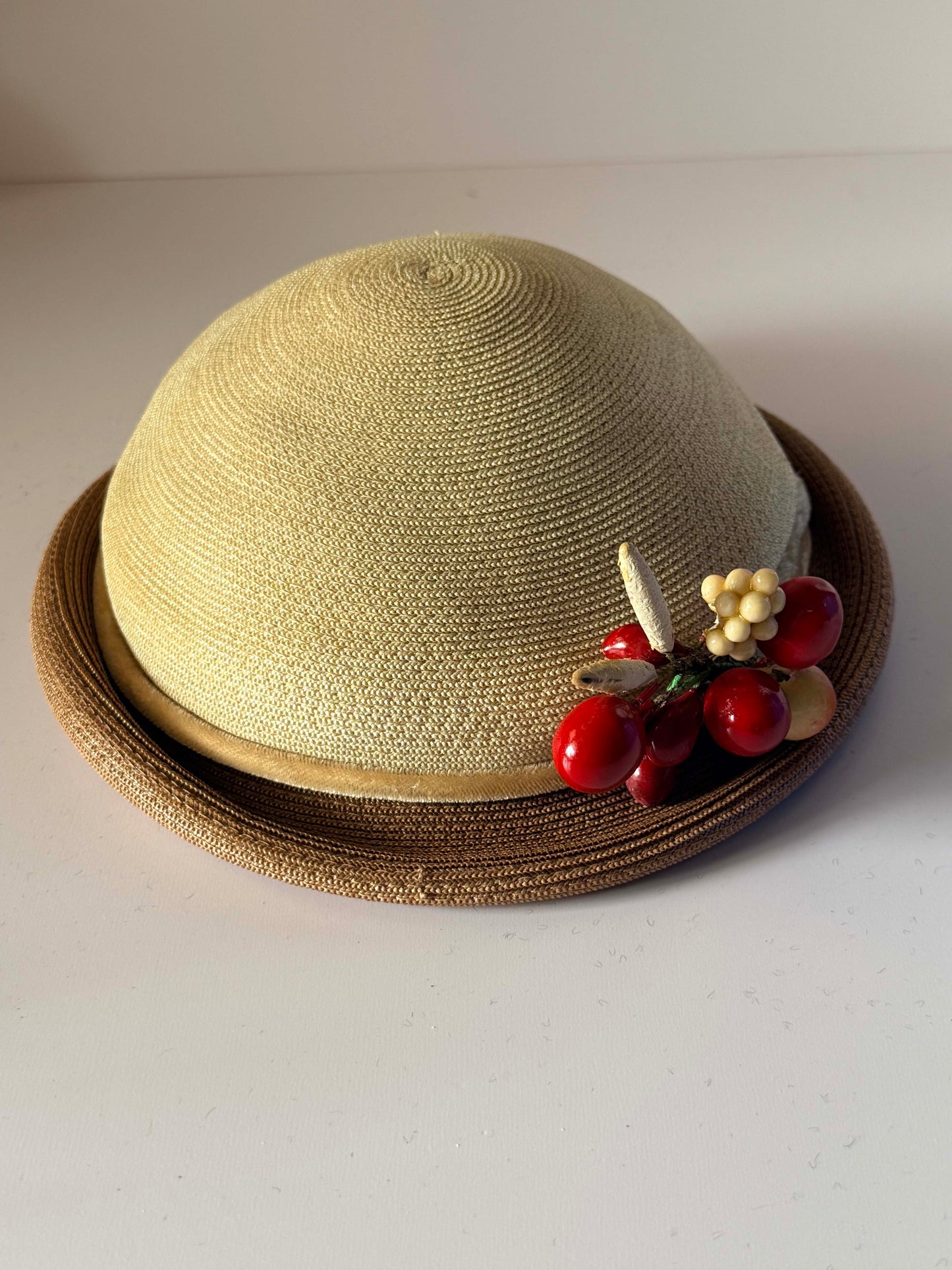 Vintage 1950s Straw Hat Red Cherry Fruit Trim Novelty Tilt Hat Mid Century Women's Millinery