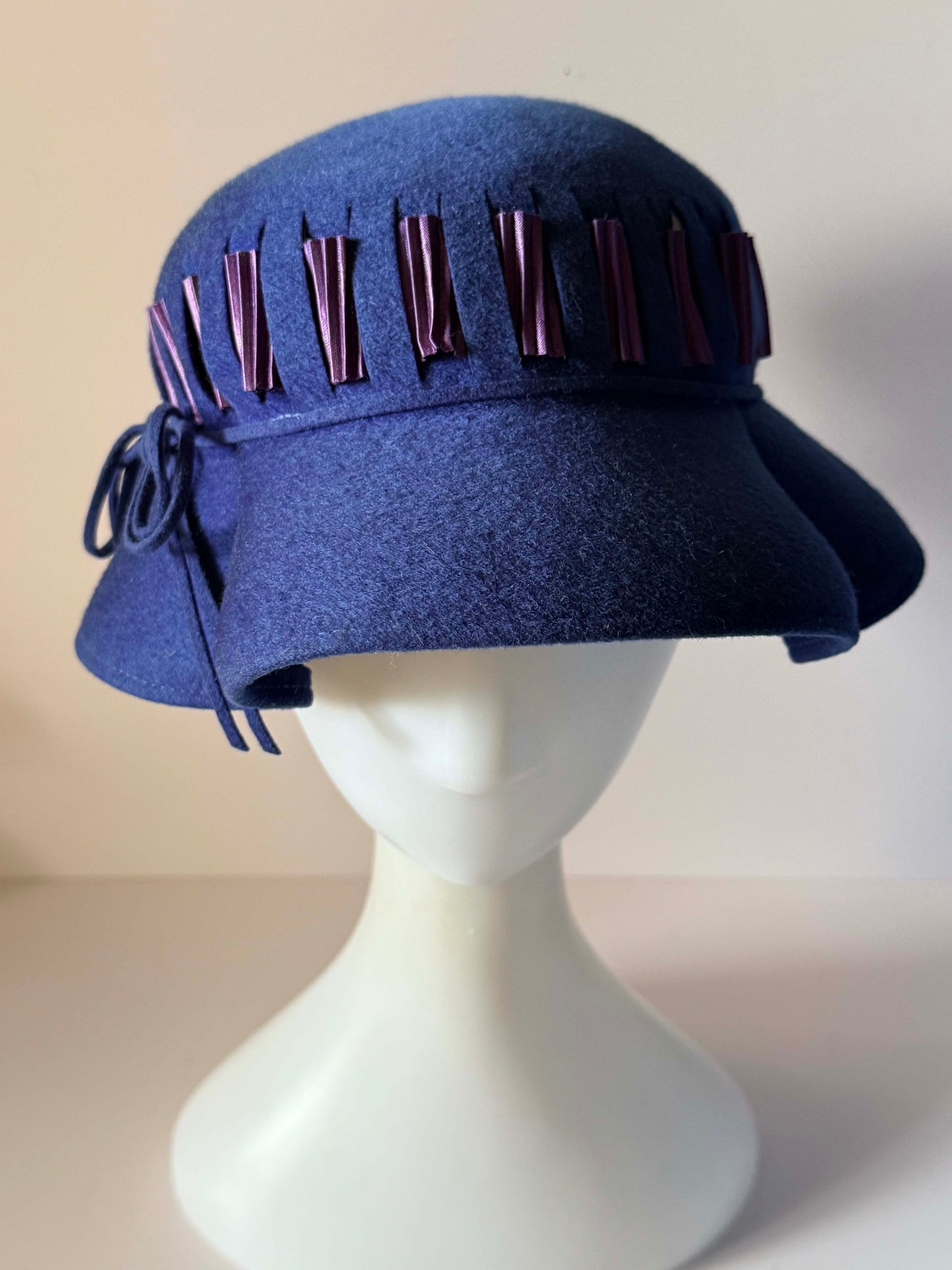 Vintage 1940s Brewster New York Blue Felt Cloche Hat Glenover Countess Felt Purple Ribbon Trim Women's Millinery