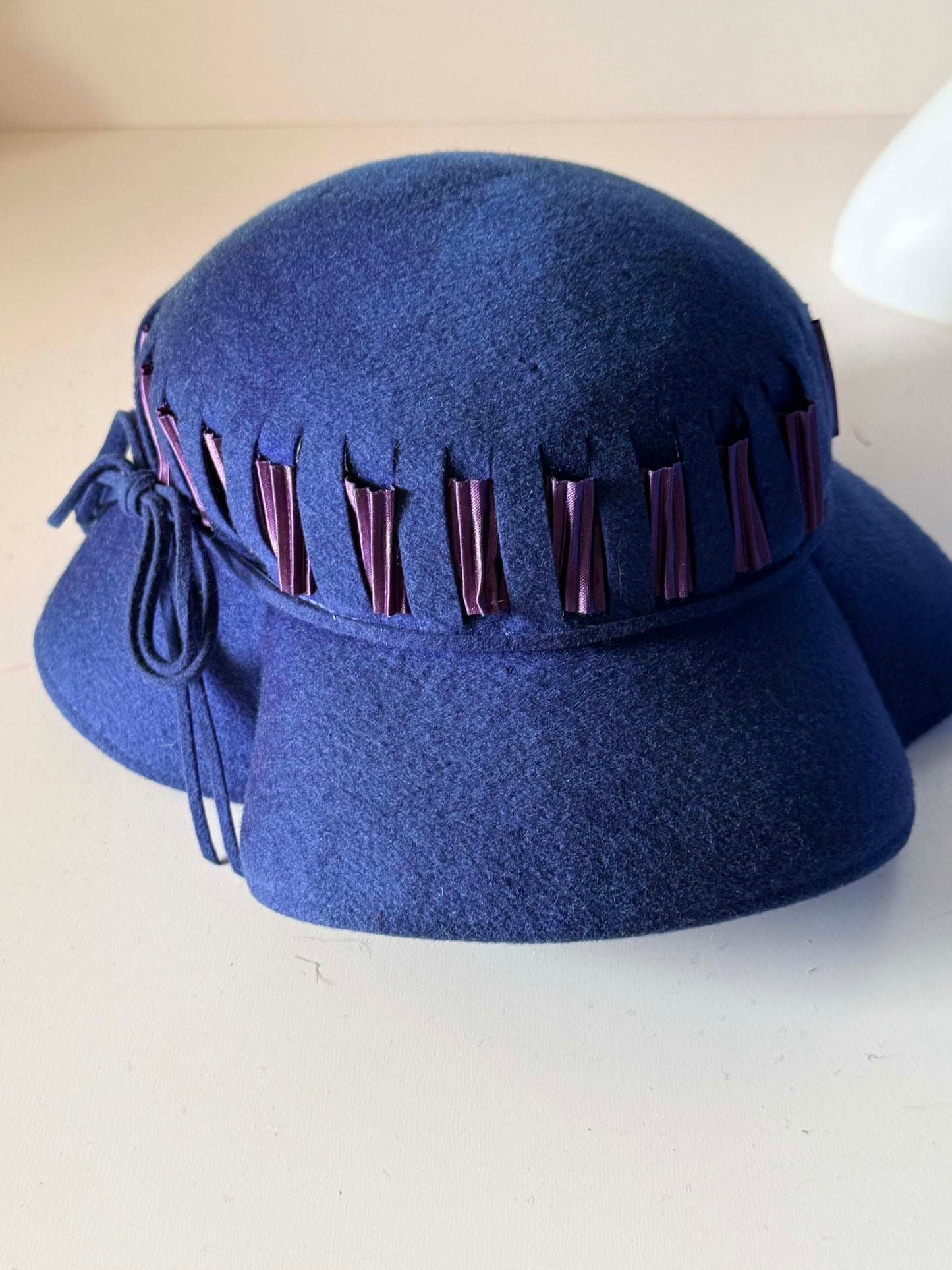 Vintage 1940s Brewster New York Blue Felt Cloche Hat Glenover Countess Felt Purple Ribbon Trim Women's Millinery