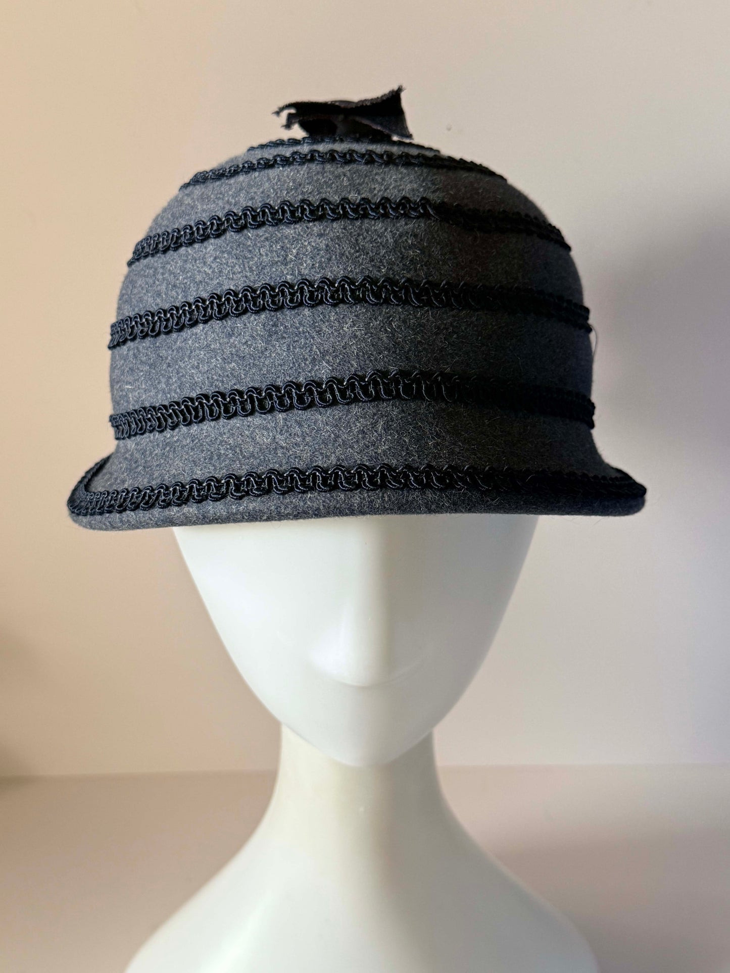 Vintage 1960s LeVogue Charcoal Blue Grey Wool Felt Cloche Hat Black Soutache Trim Grosgrain Bow Women's Mod Millinery