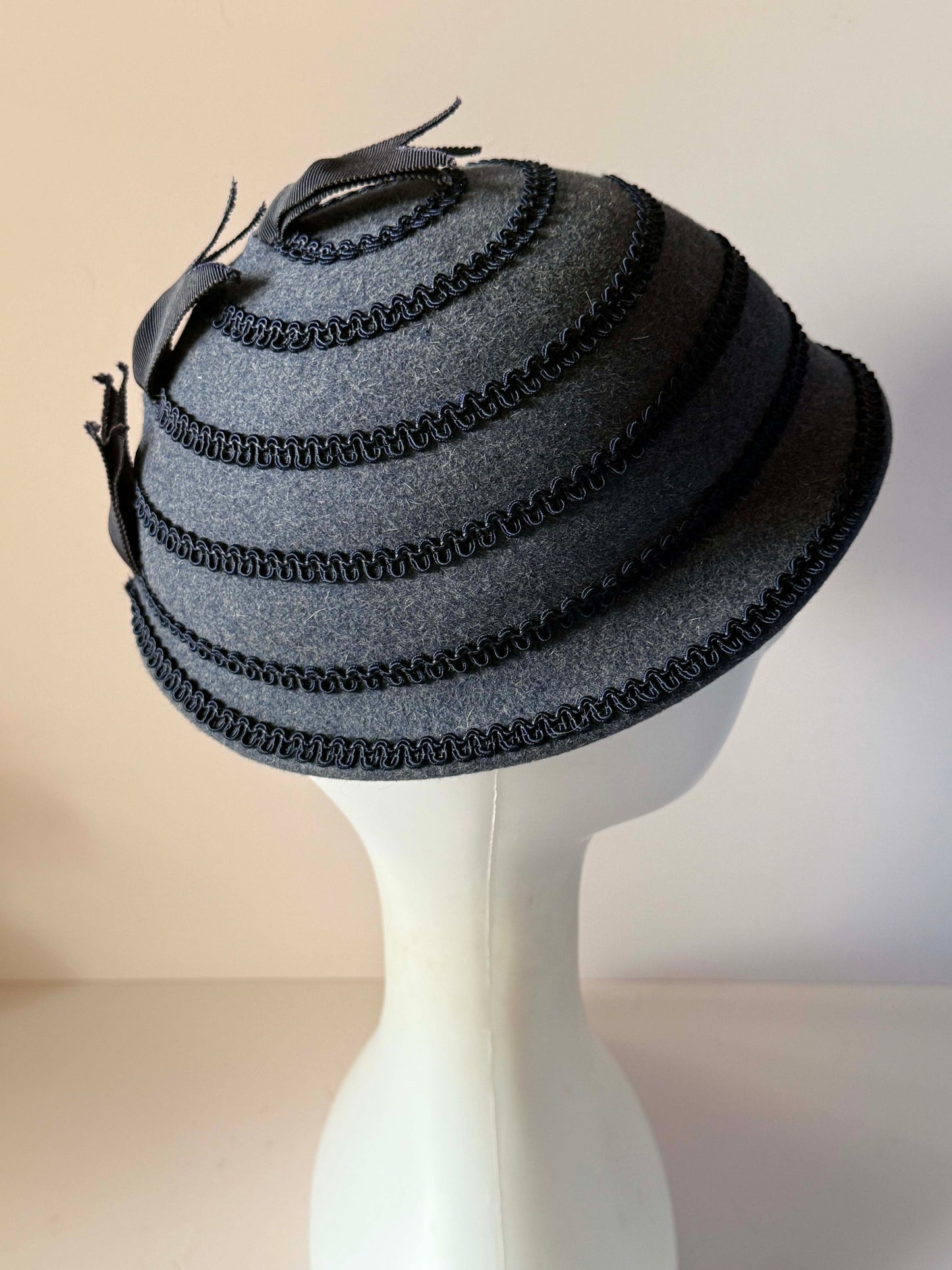 Vintage 1960s LeVogue Charcoal Blue Grey Wool Felt Cloche Hat Black Soutache Trim Grosgrain Bow Women's Mod Millinery