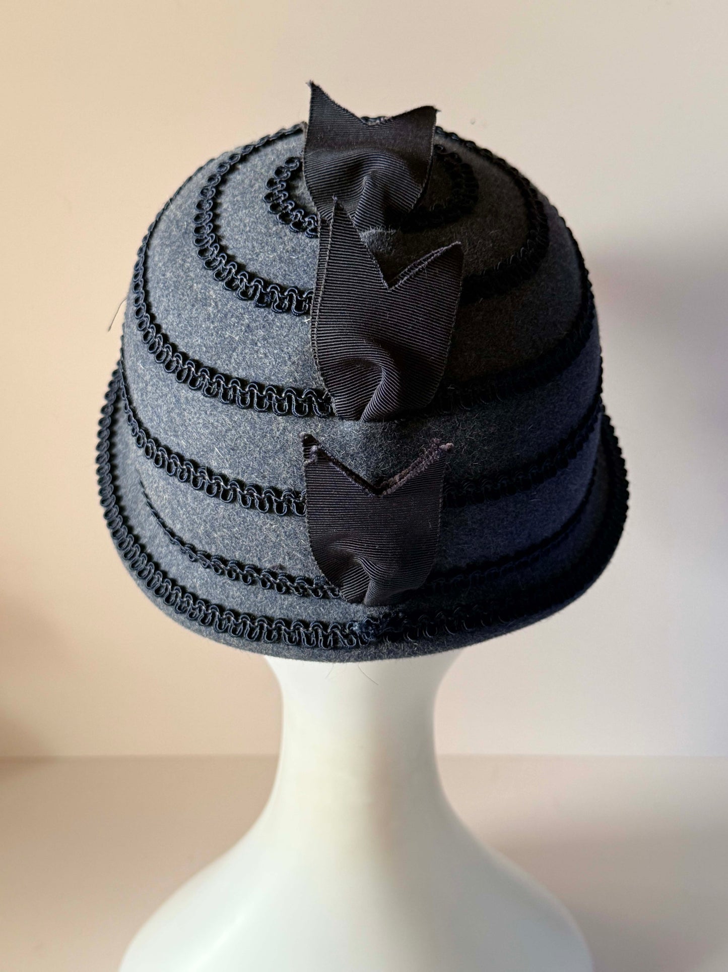 Vintage 1960s LeVogue Charcoal Blue Grey Wool Felt Cloche Hat Black Soutache Trim Grosgrain Bow Women's Mod Millinery