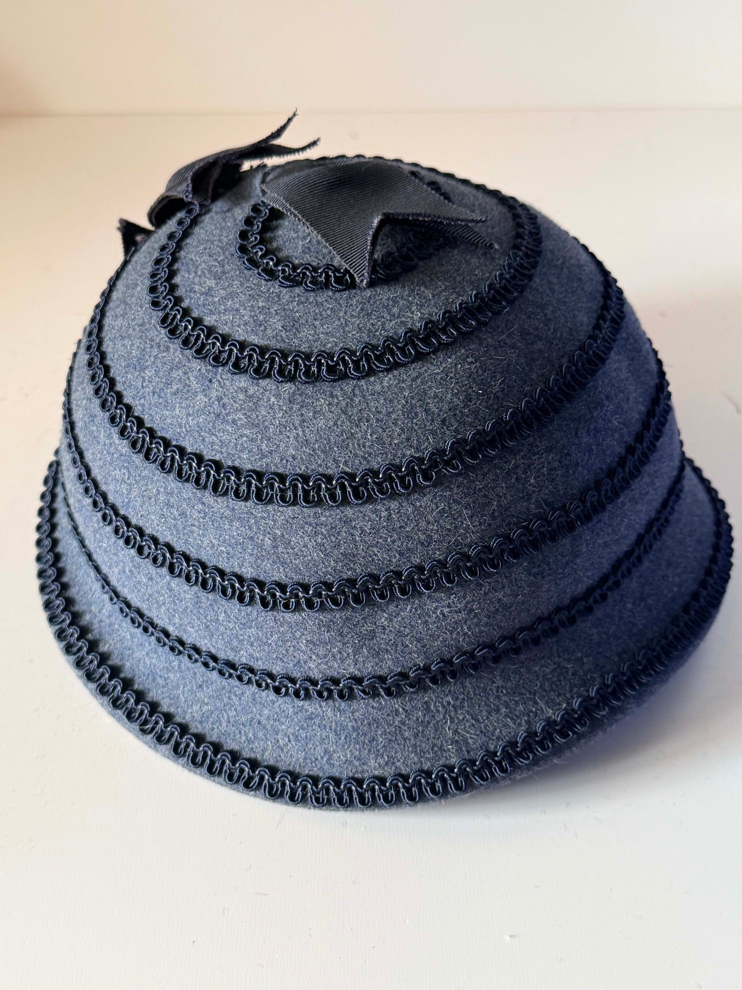 Vintage 1960s LeVogue Charcoal Blue Grey Wool Felt Cloche Hat Black Soutache Trim Grosgrain Bow Women's Mod Millinery