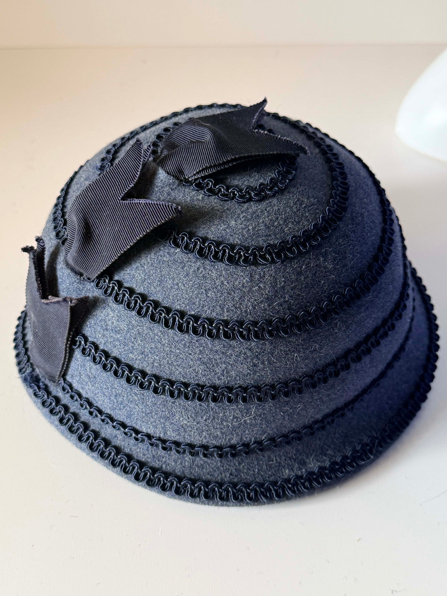 Vintage 1960s LeVogue Charcoal Blue Grey Wool Felt Cloche Hat Black Soutache Trim Grosgrain Bow Women's Mod Millinery