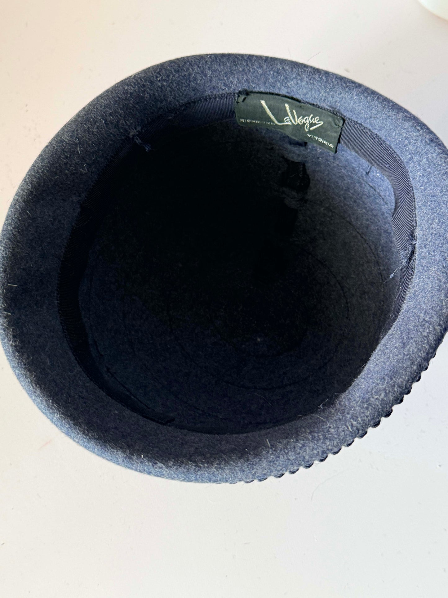 Vintage 1960s LeVogue Charcoal Blue Grey Wool Felt Cloche Hat Black Soutache Trim Grosgrain Bow Women's Mod Millinery