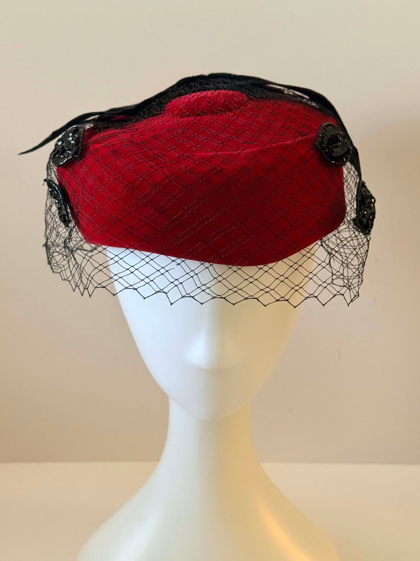 Vintage 1950s Red Velvet Pillbox Hat Black Veil Bow Cocktail Hat Sequined Detail Mid Century Glam Millinery
