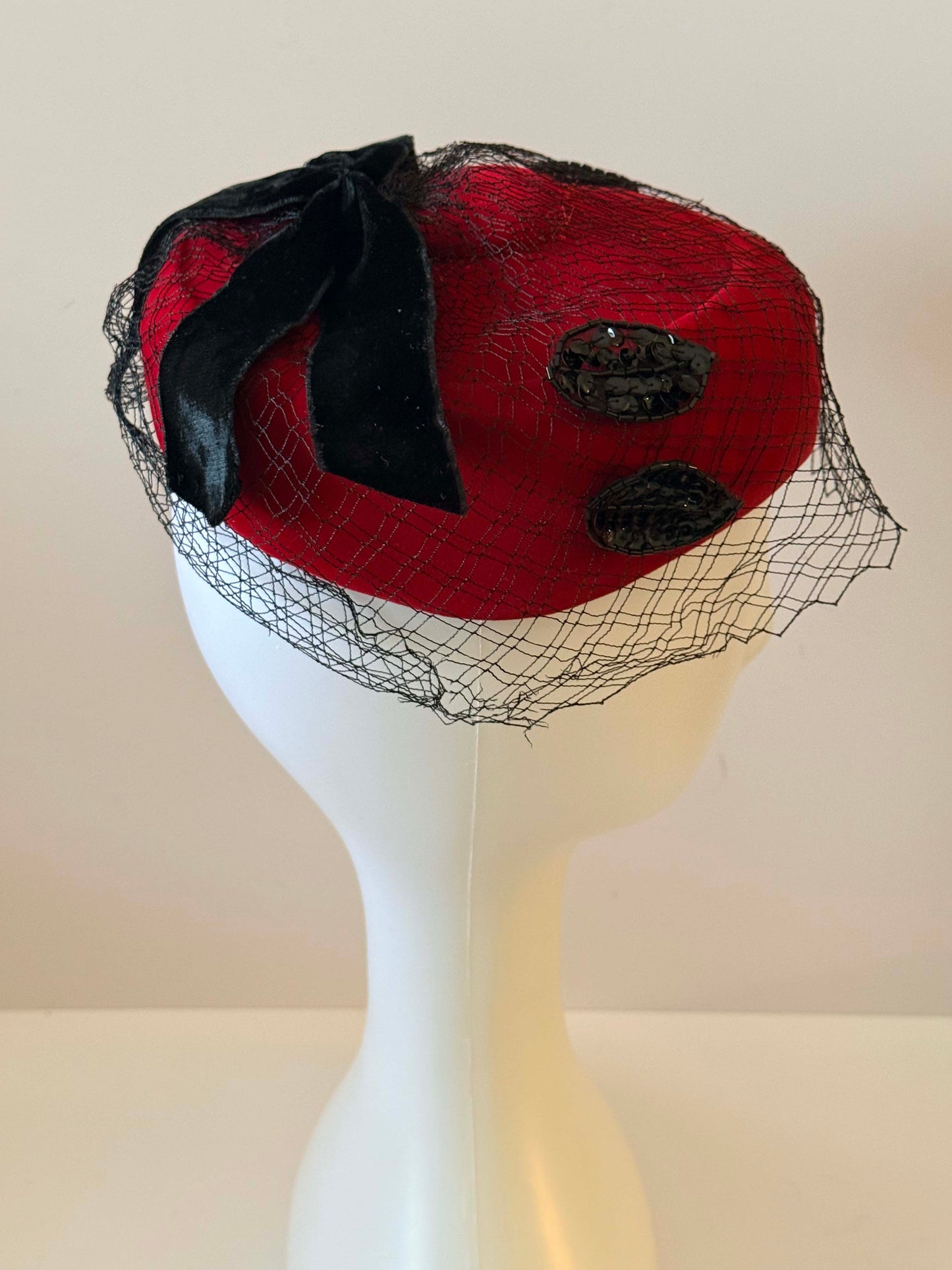 Vintage 1950s Red Velvet Pillbox Hat Black Veil Bow Cocktail Hat Sequined Detail Mid Century Glam Millinery