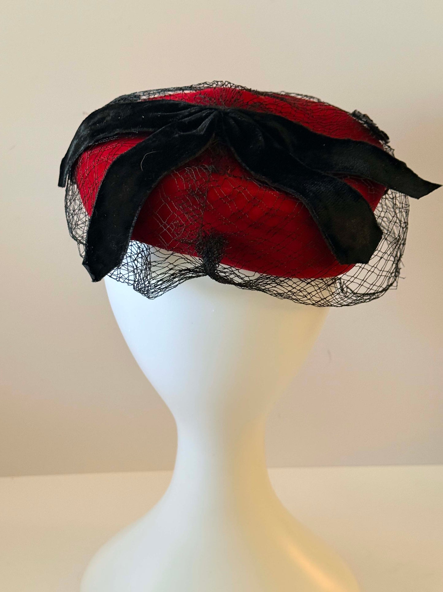 Vintage 1950s Red Velvet Pillbox Hat Black Veil Bow Cocktail Hat Sequined Detail Mid Century Glam Millinery
