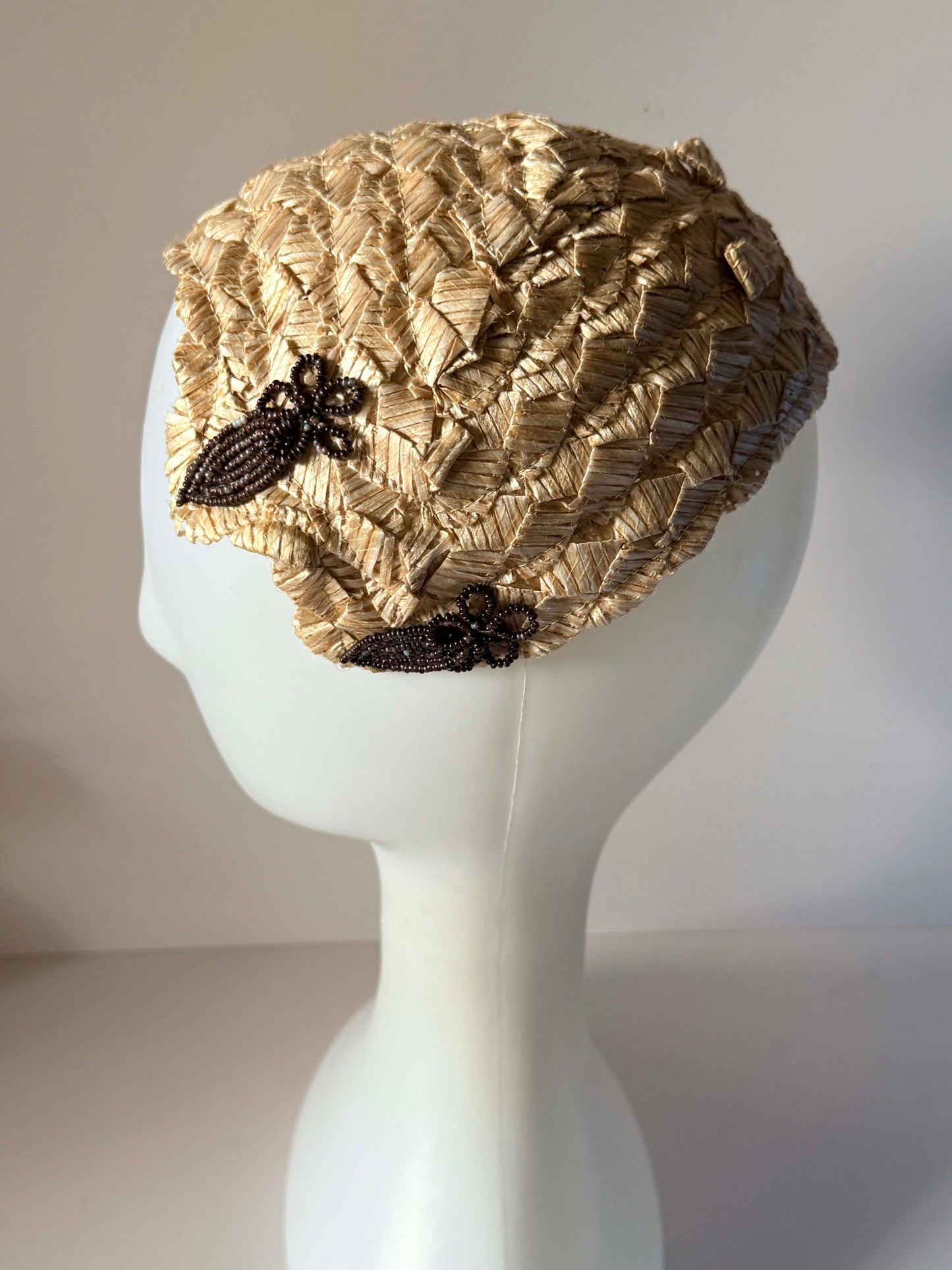 Vintage 1940s Williams Arms Co Champagne Straw Half Hat Brown Beaded Sculptural Millinery