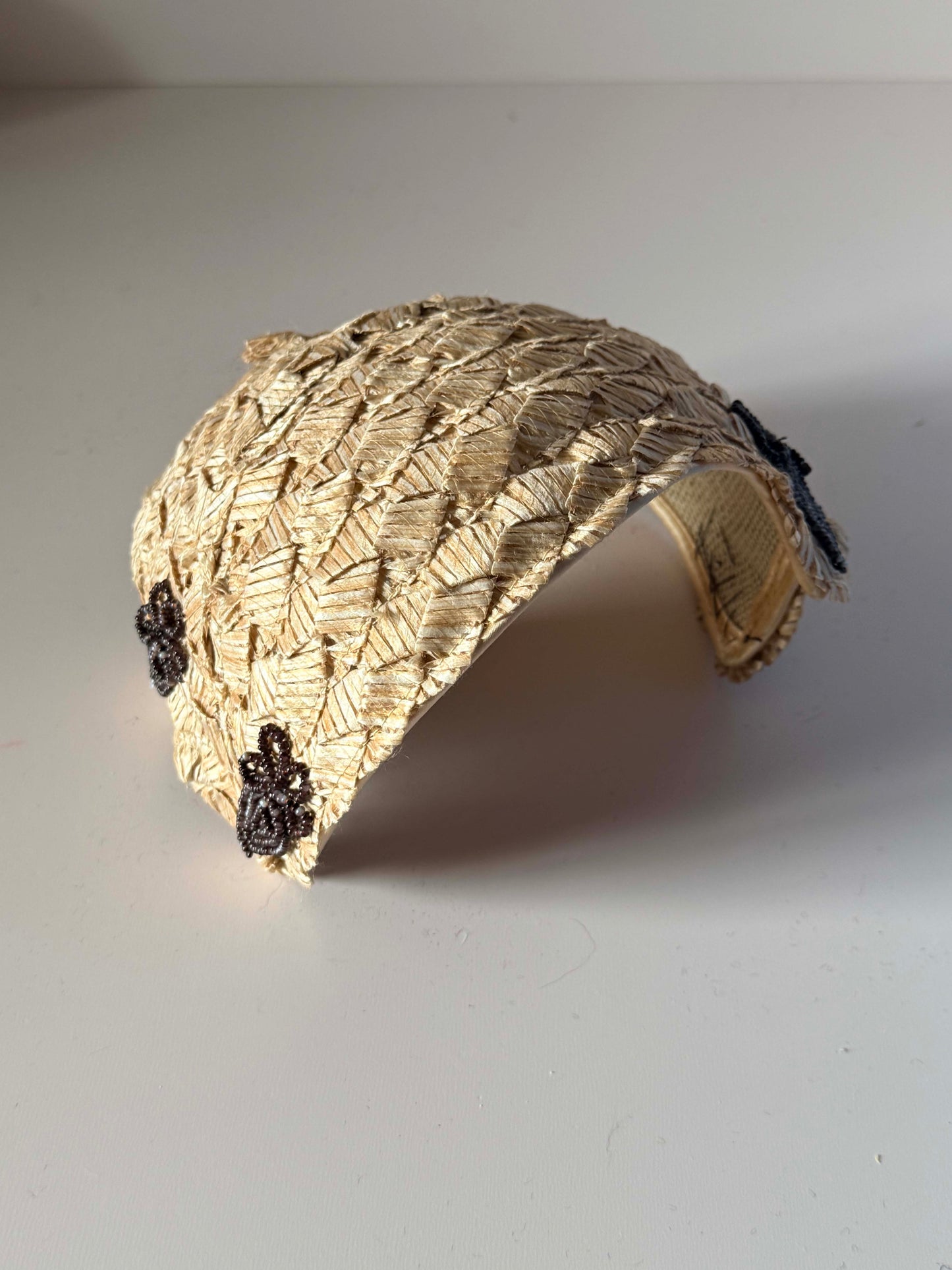 Vintage 1940s Williams Arms Co Champagne Straw Half Hat Brown Beaded Sculptural Millinery