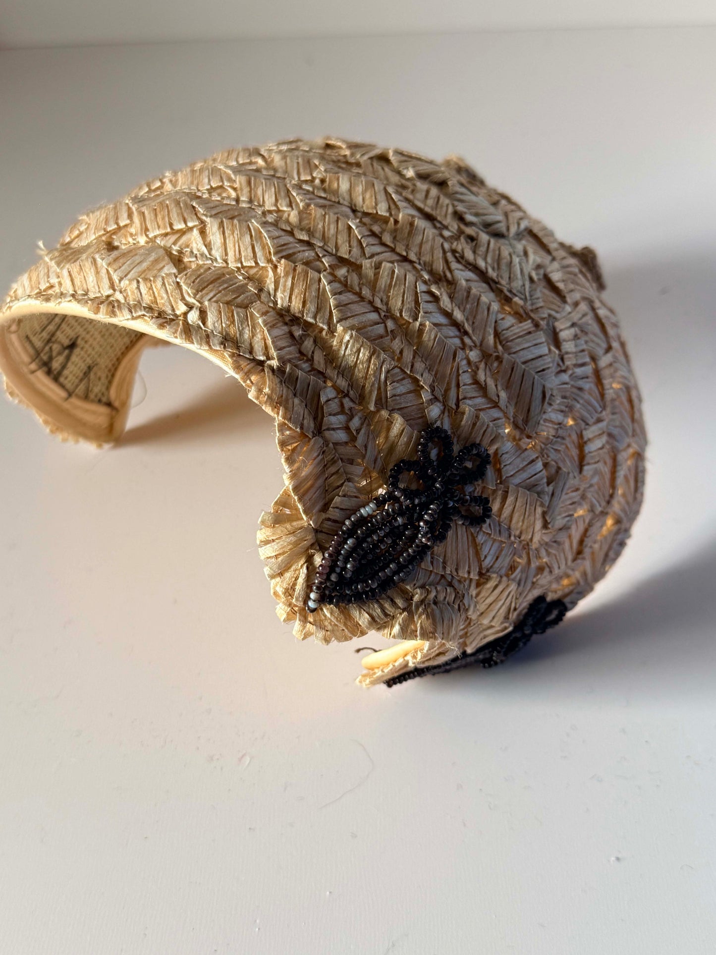 Vintage 1940s Williams Arms Co Champagne Straw Half Hat Brown Beaded Sculptural Millinery