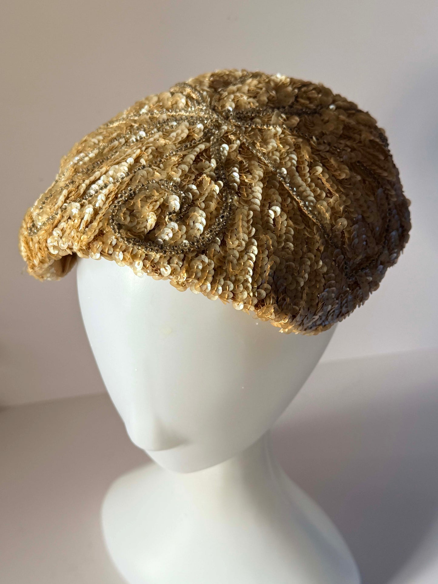 Vintage 1940s Champagne Sequin Half Hat Beaded Cocktail Cap Bridal Evening Millinery