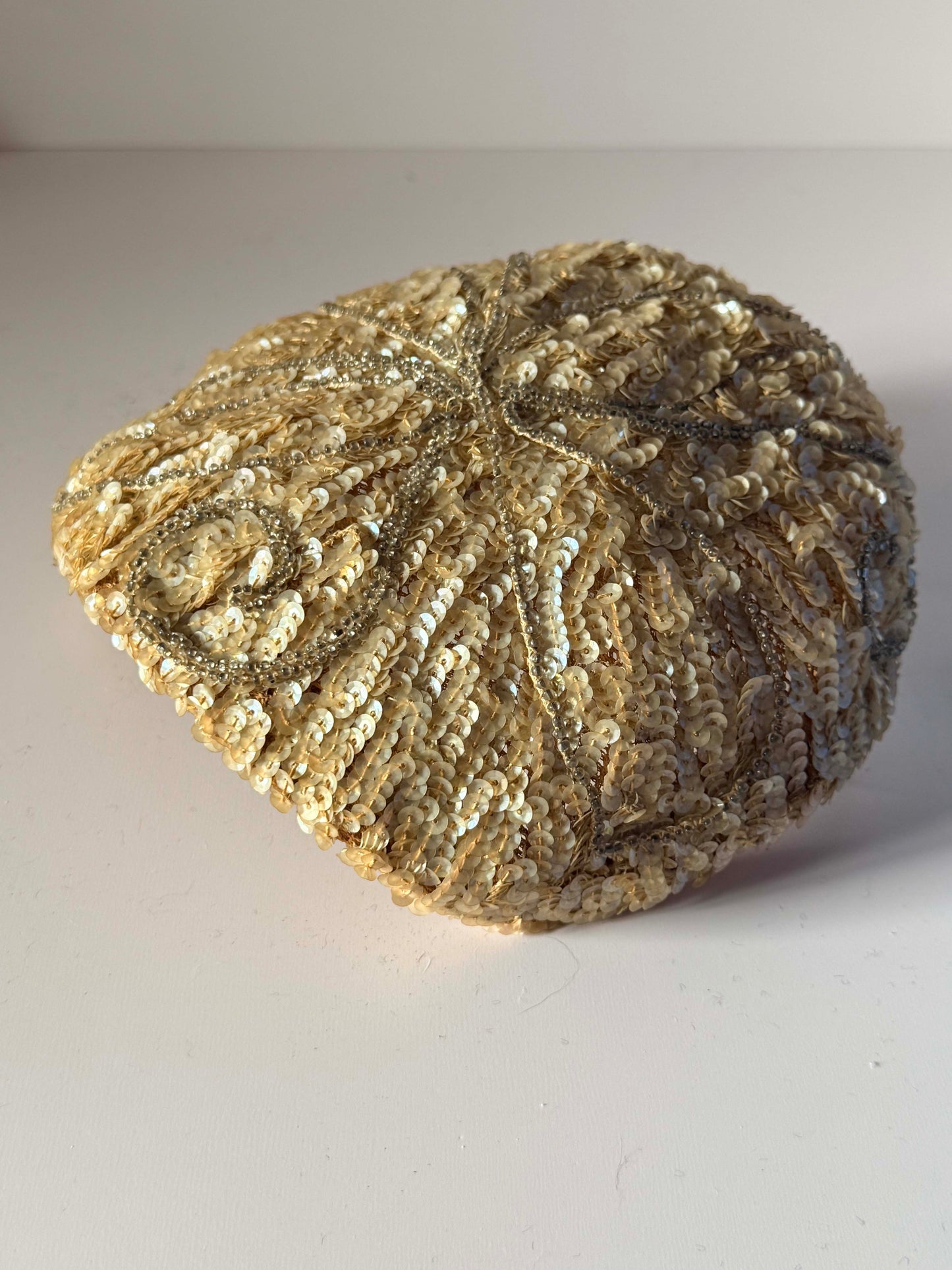 Vintage 1940s Champagne Sequin Half Hat Beaded Cocktail Cap Bridal Evening Millinery