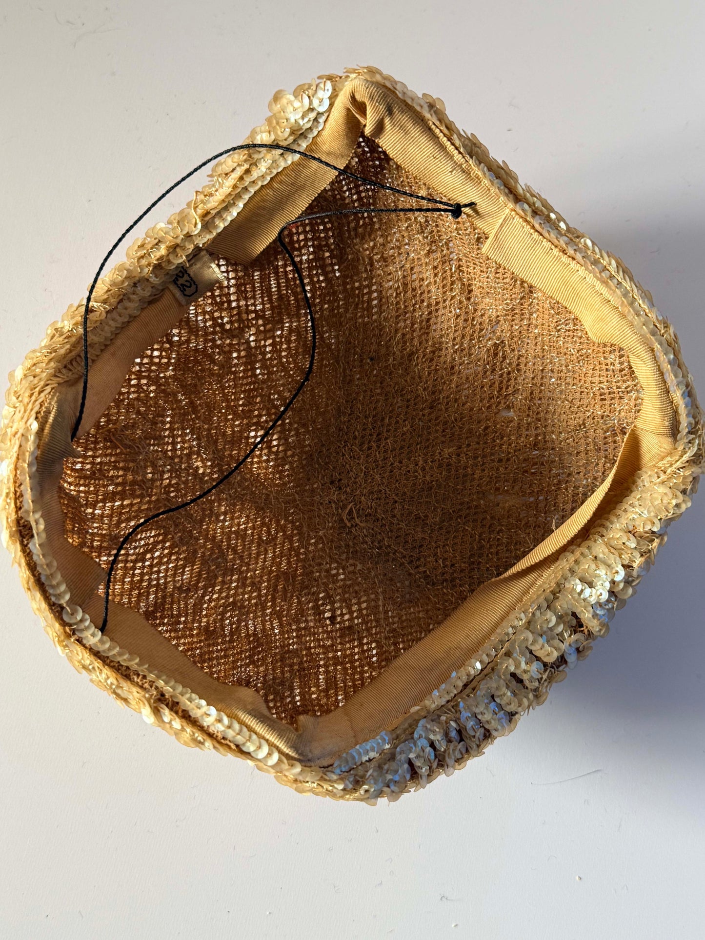 Vintage 1940s Champagne Sequin Half Hat Beaded Cocktail Cap Bridal Evening Millinery