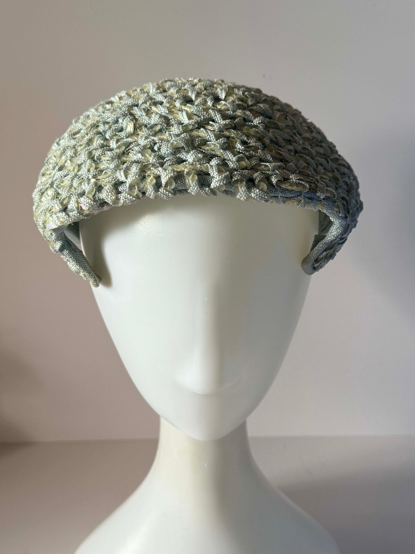Vintage 1950s Beresford Baby Blue Sequin Half Hat Metallic Ribbon Cocktail Hat Mid Century Millinery
