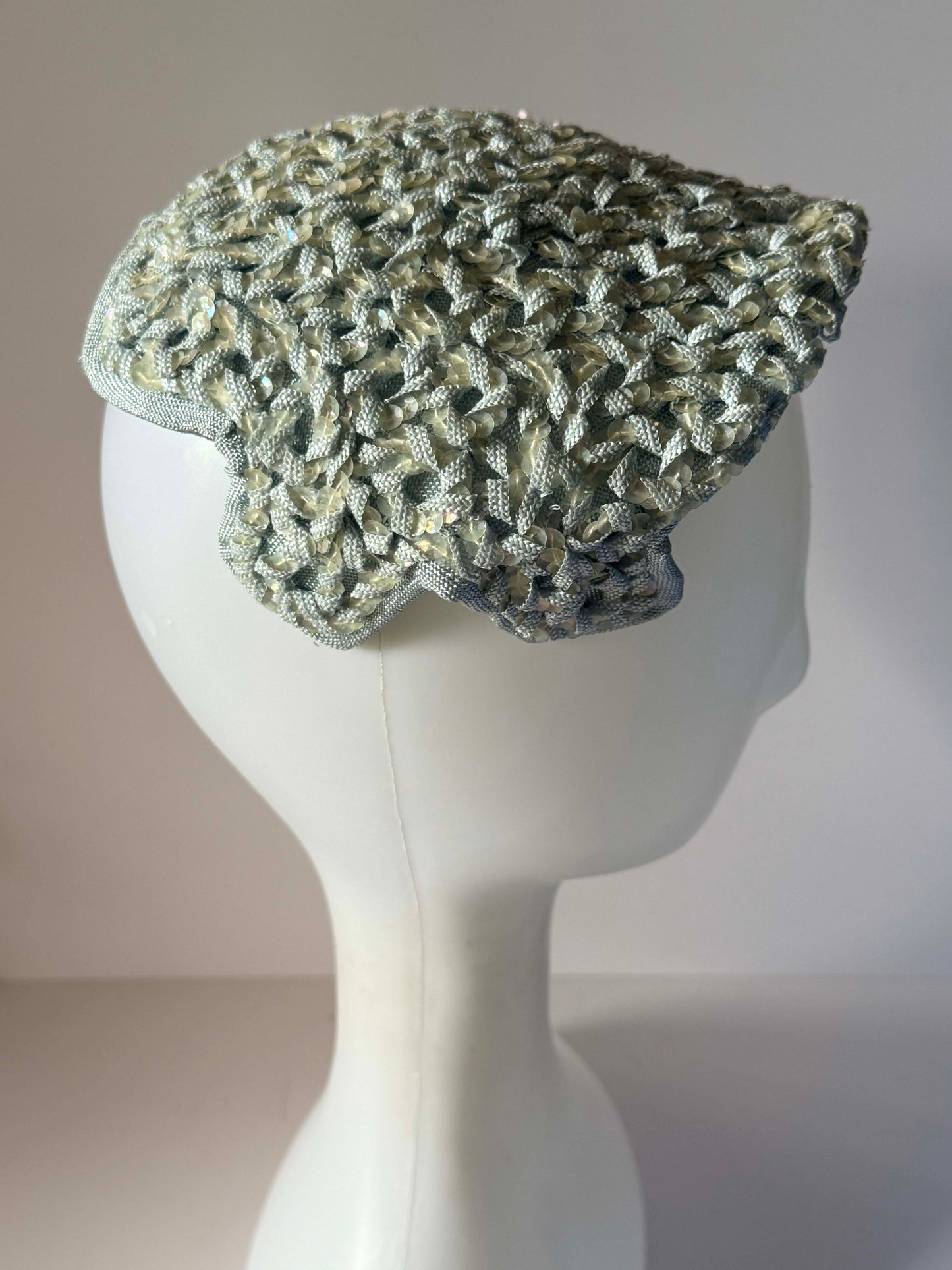Vintage 1950s Beresford Baby Blue Sequin Half Hat Metallic Ribbon Cocktail Hat Mid Century Millinery