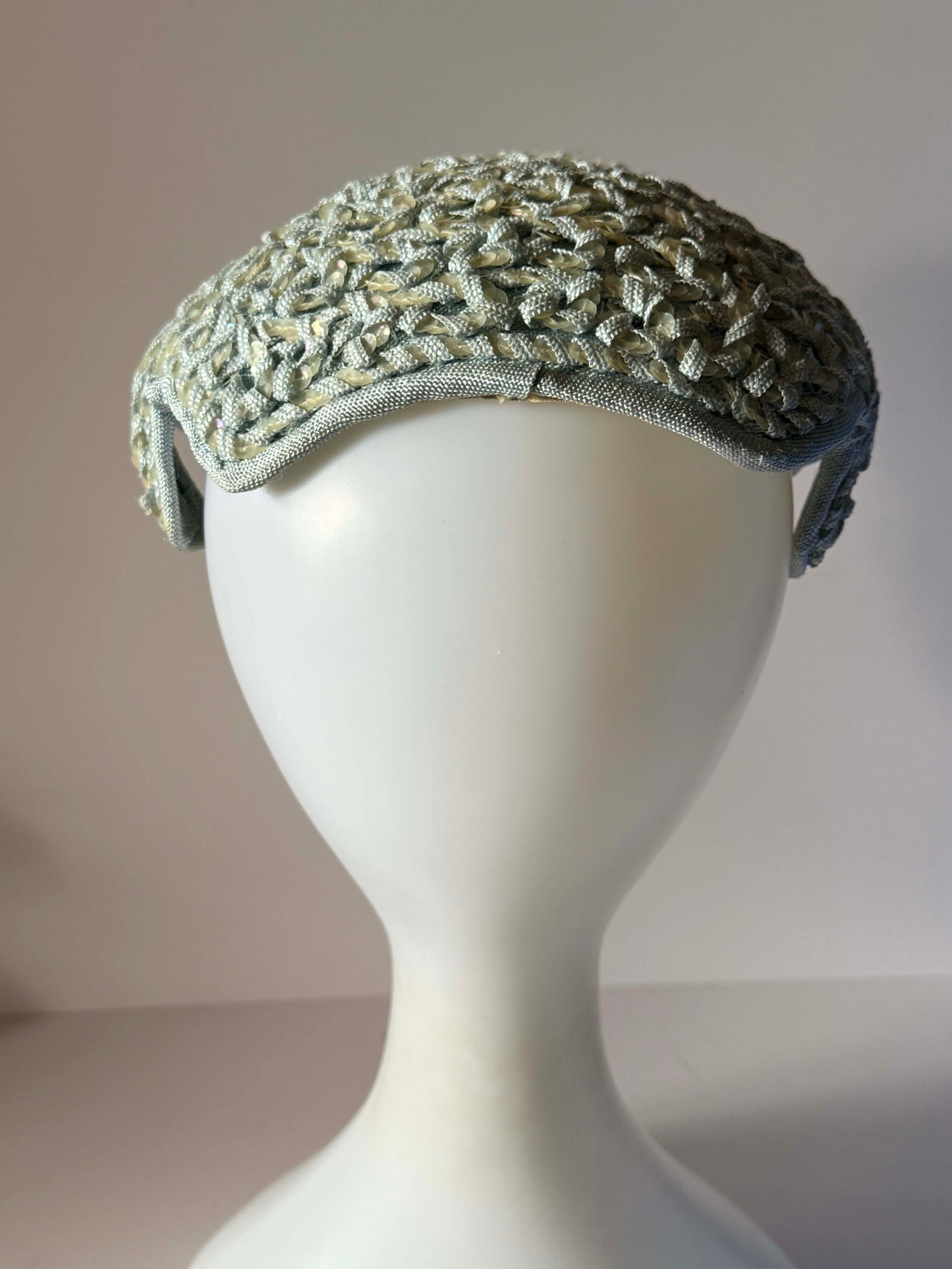 Vintage 1950s Beresford Baby Blue Sequin Half Hat Metallic Ribbon Cocktail Hat Mid Century Millinery