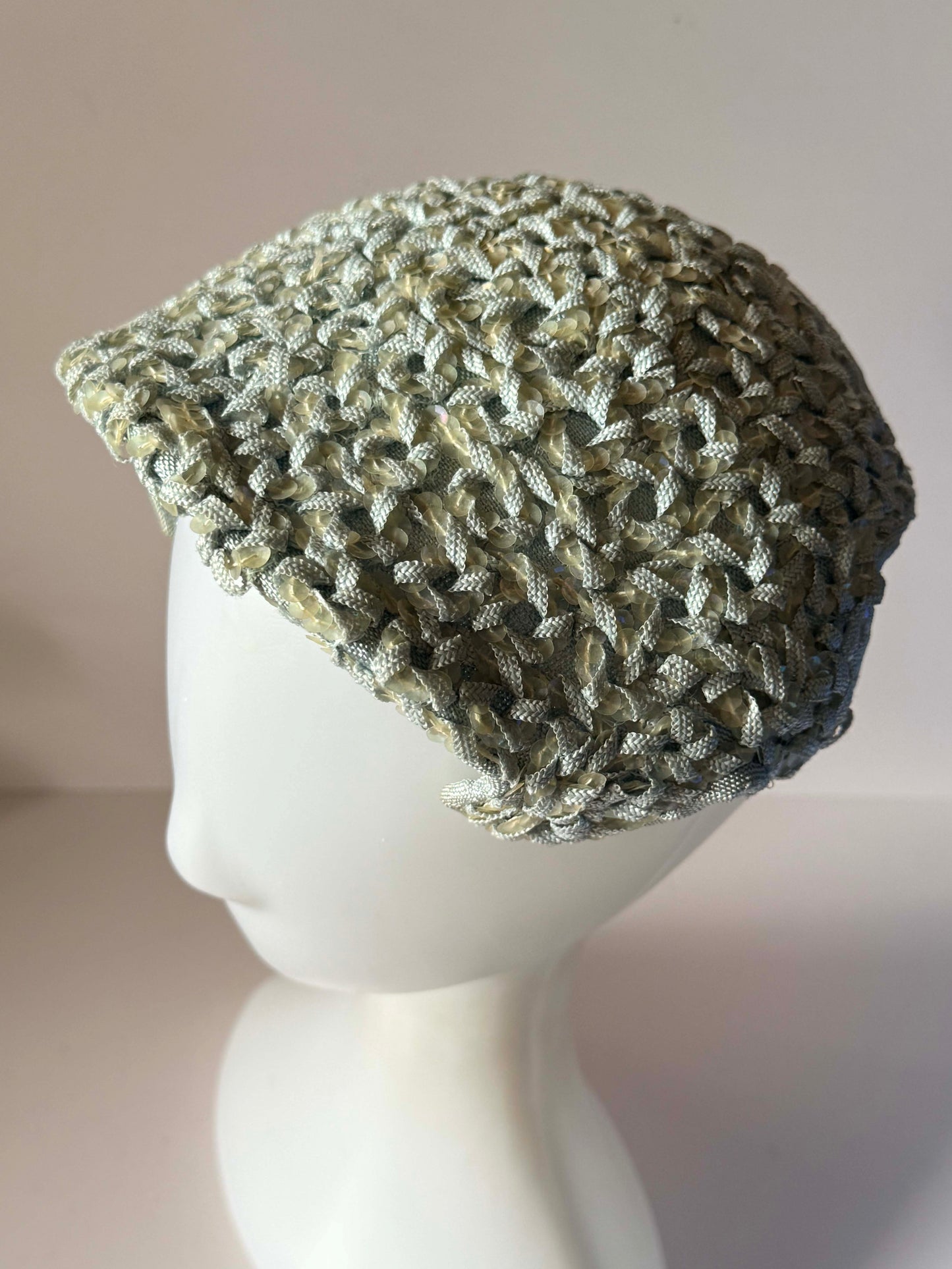 Vintage 1950s Beresford Baby Blue Sequin Half Hat Metallic Ribbon Cocktail Hat Mid Century Millinery