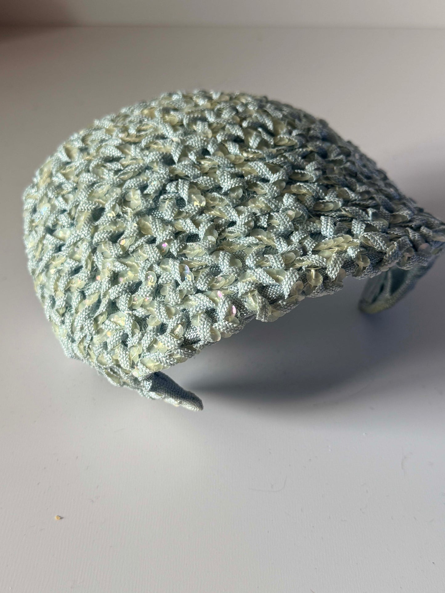 Vintage 1950s Beresford Baby Blue Sequin Half Hat Metallic Ribbon Cocktail Hat Mid Century Millinery
