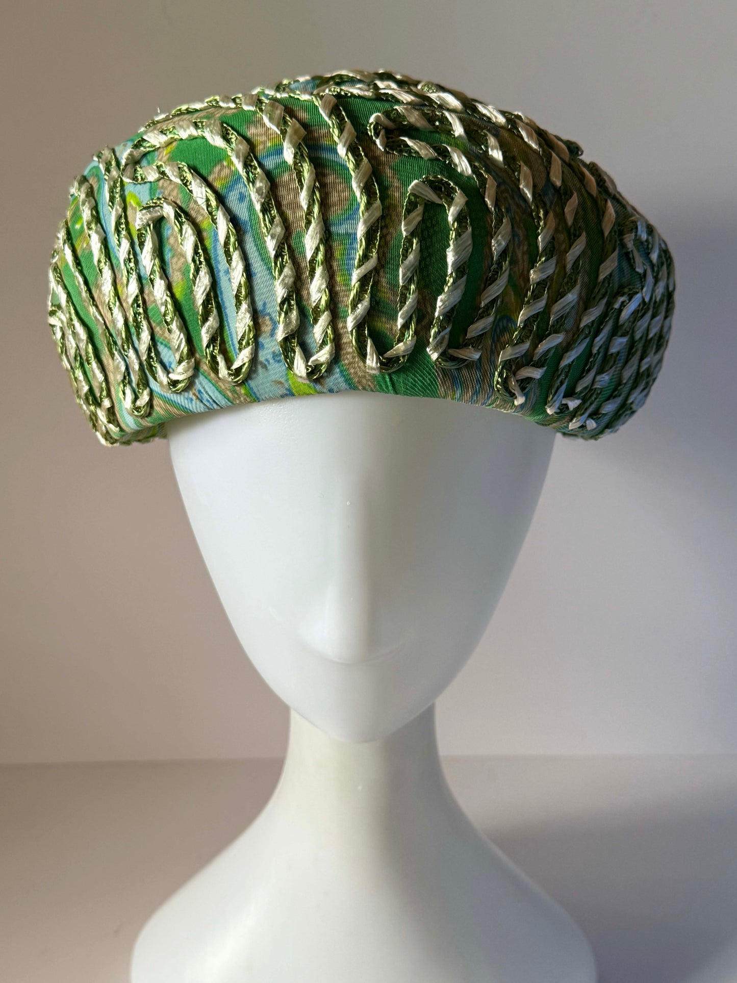 Vintage 1960s Pillbox Hat Green Blue Metallic Ribbon Abstract Print Mod Cocktail Hat Mid Century Millinery