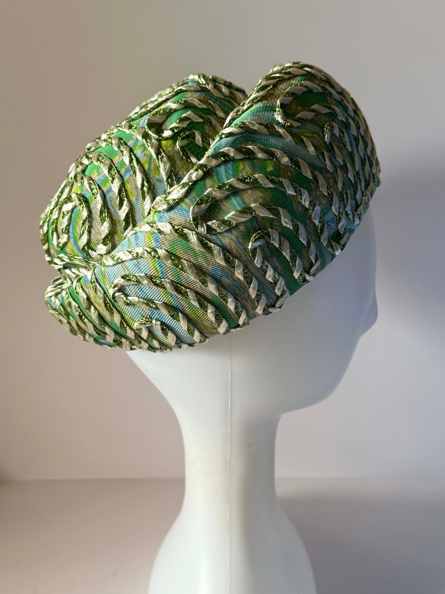 Vintage 1960s Pillbox Hat Green Blue Metallic Ribbon Abstract Print Mod Cocktail Hat Mid Century Millinery