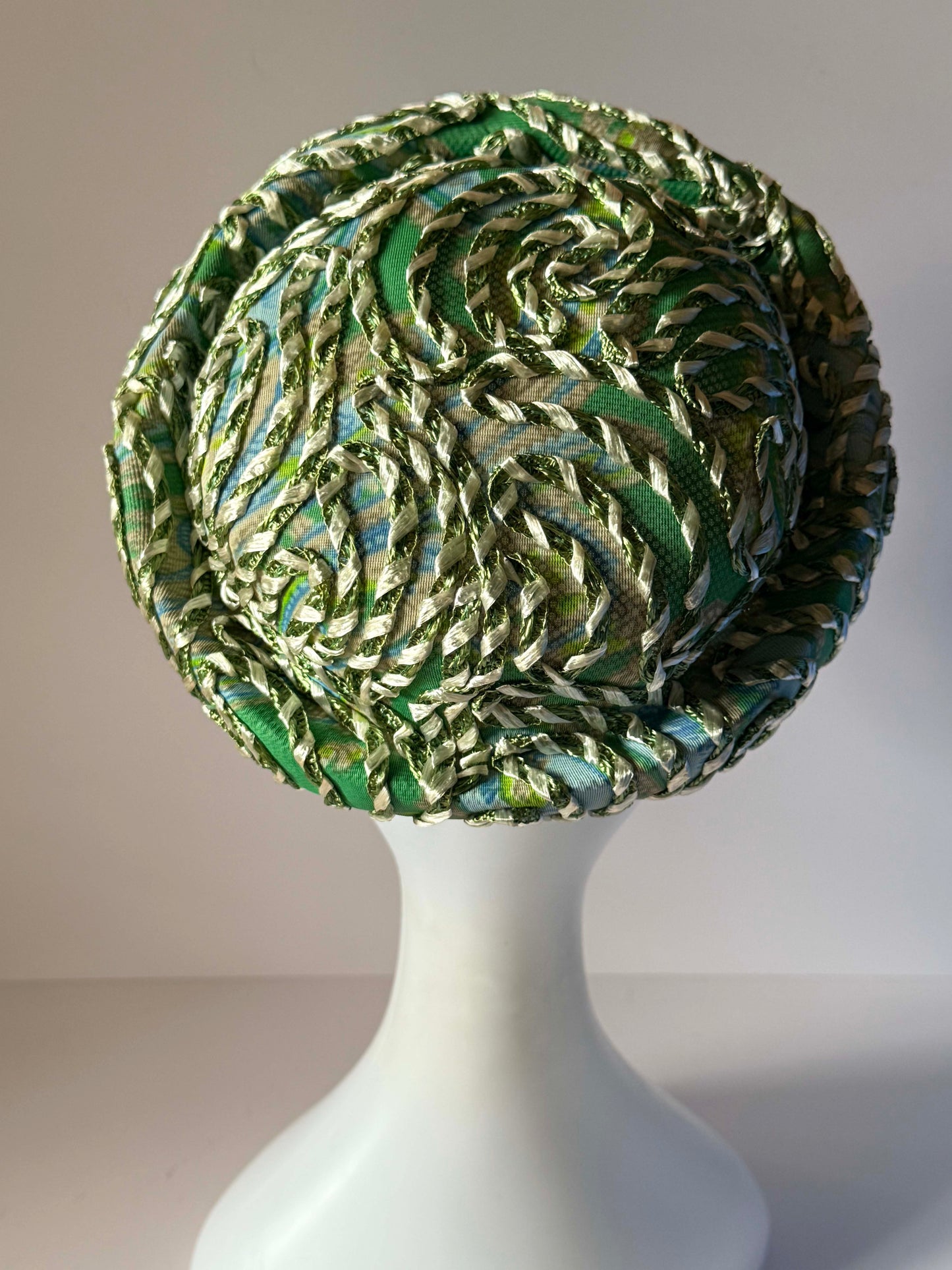 Vintage 1960s Pillbox Hat Green Blue Metallic Ribbon Abstract Print Mod Cocktail Hat Mid Century Millinery