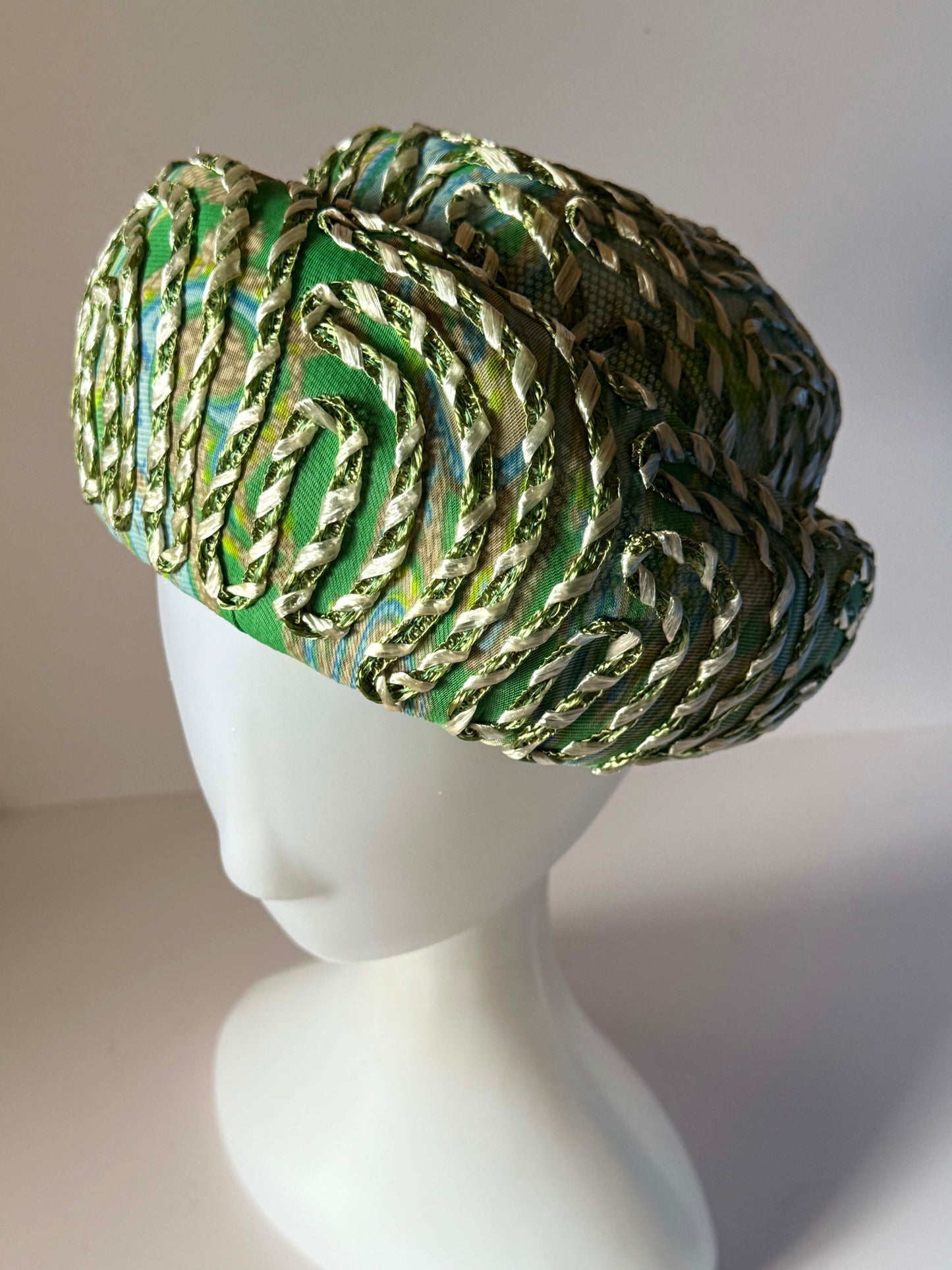 Vintage 1960s Pillbox Hat Green Blue Metallic Ribbon Abstract Print Mod Cocktail Hat Mid Century Millinery