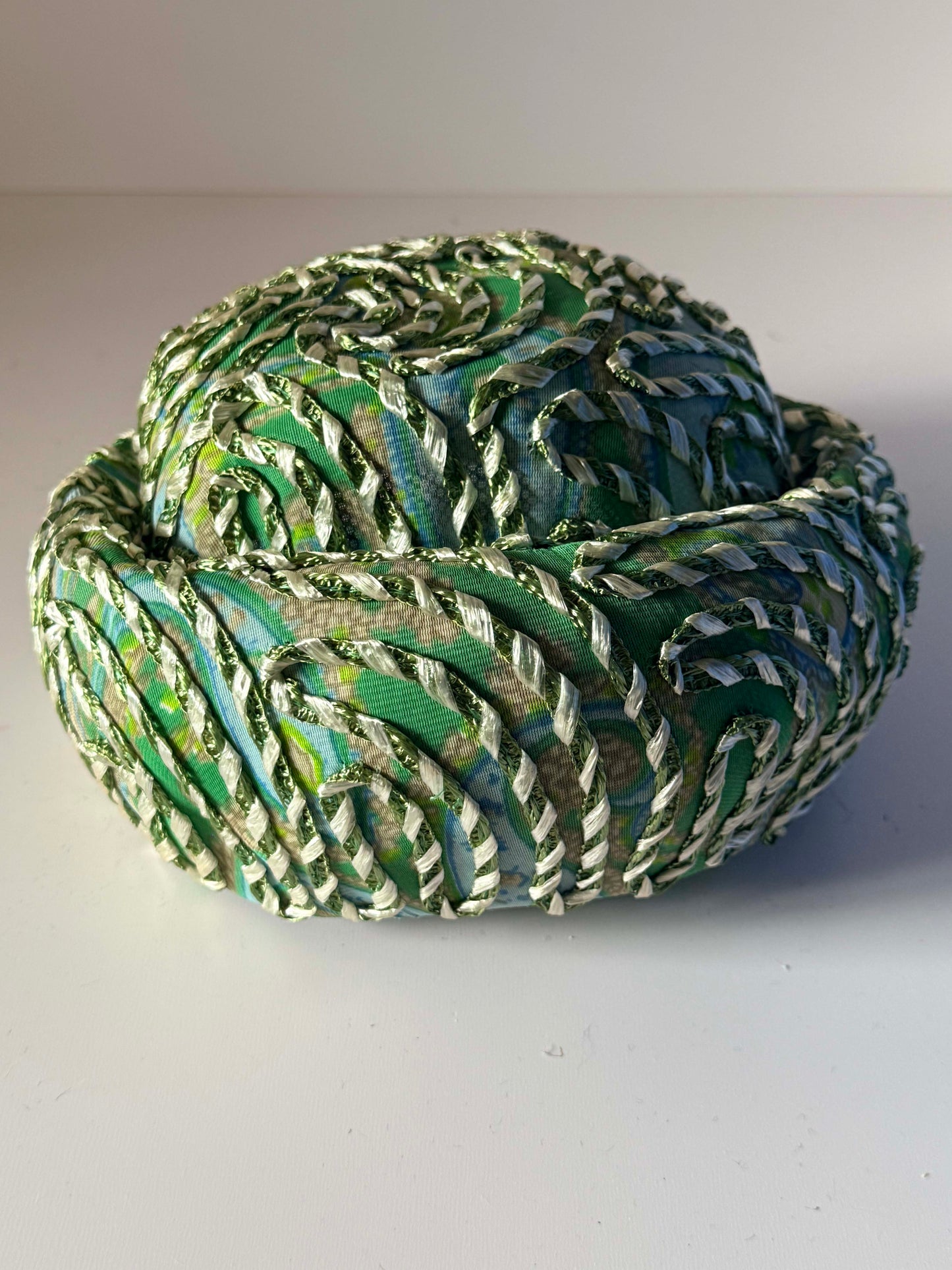 Vintage 1960s Pillbox Hat Green Blue Metallic Ribbon Abstract Print Mod Cocktail Hat Mid Century Millinery