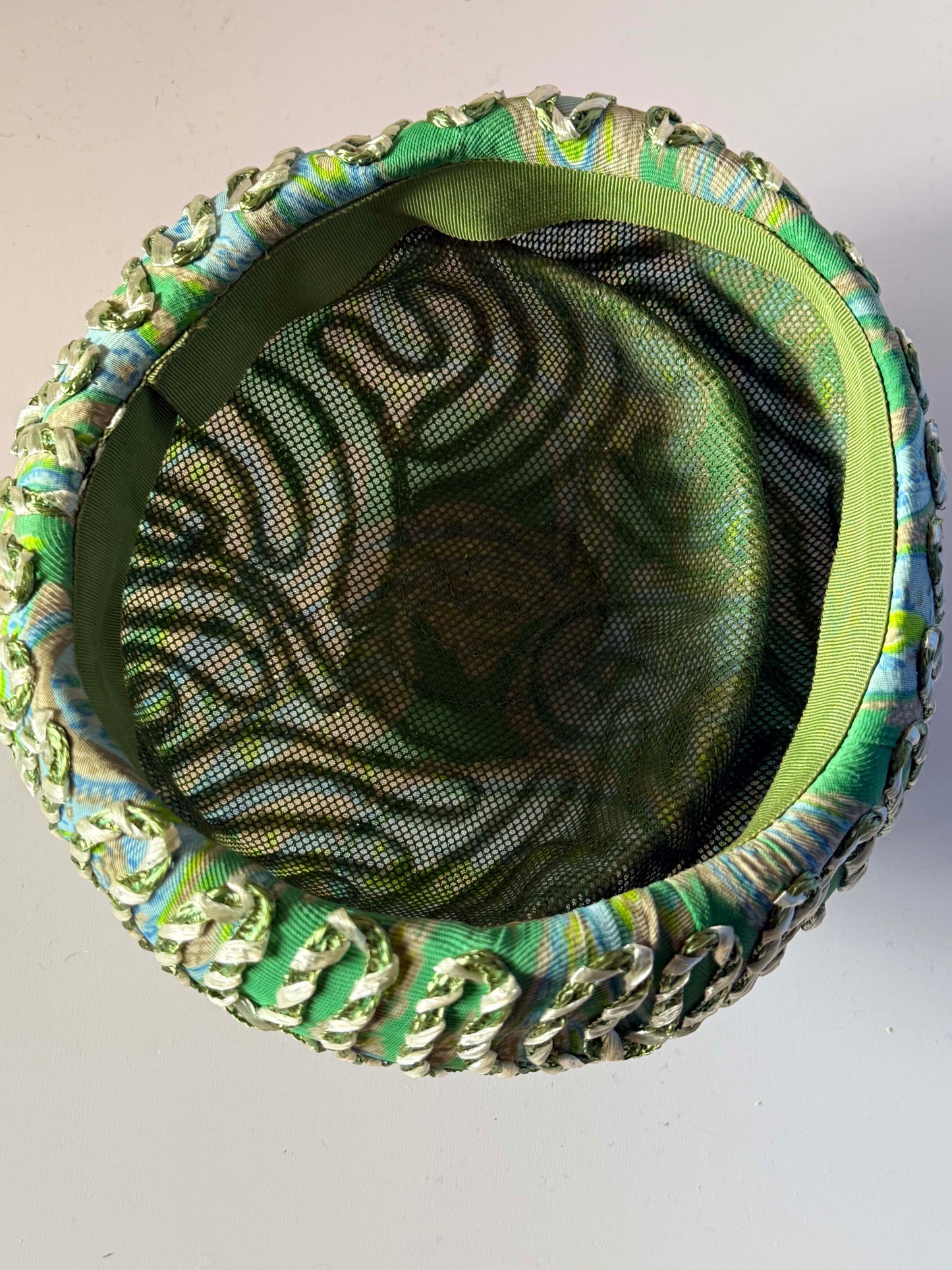 Vintage 1960s Pillbox Hat Green Blue Metallic Ribbon Abstract Print Mod Cocktail Hat Mid Century Millinery