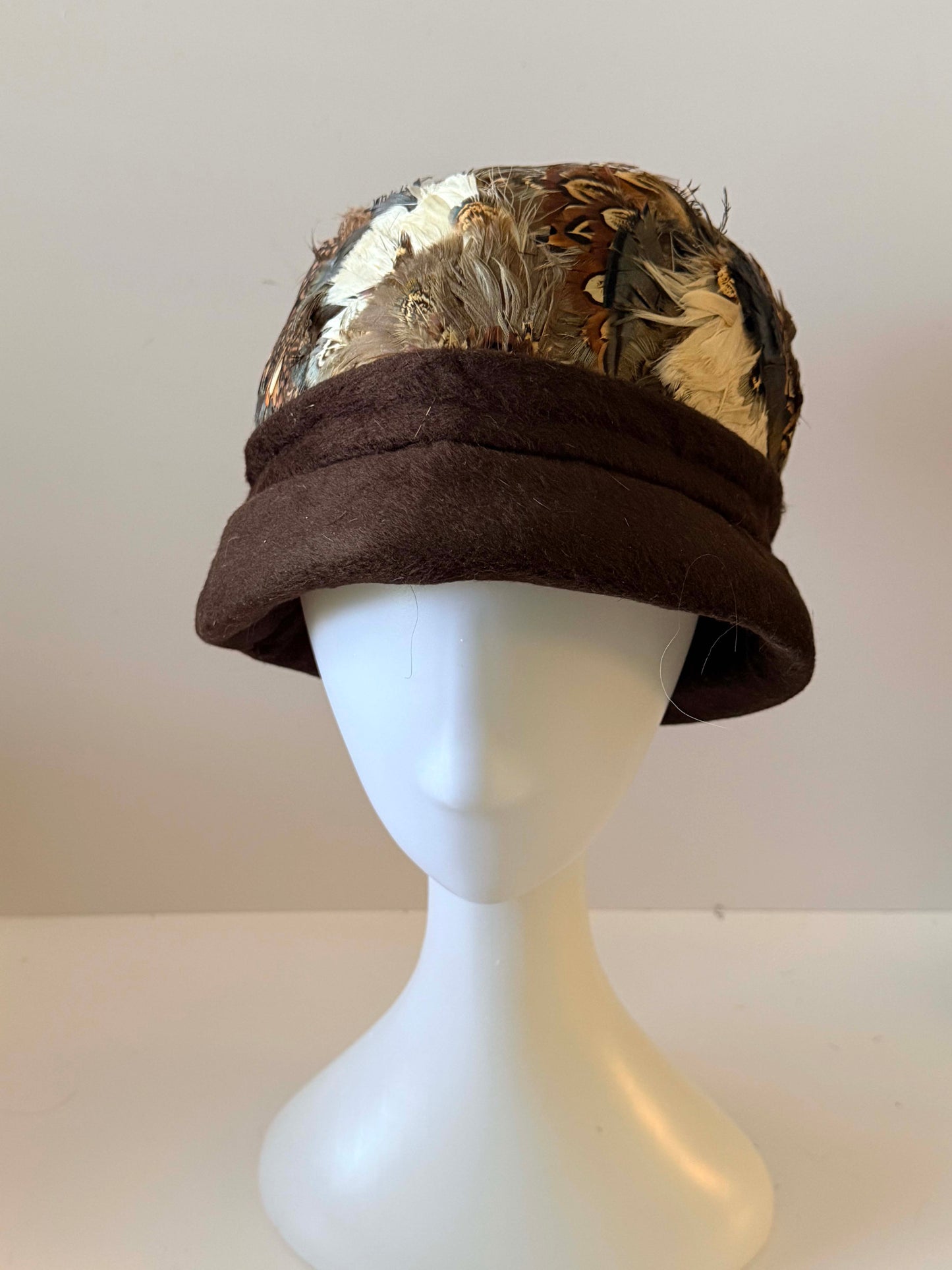 Vintage 1920s–1930s Inspired Cloche Hat Feather Crown Brown Felt Brim Art Deco Style Winter Millinery Statement Ha