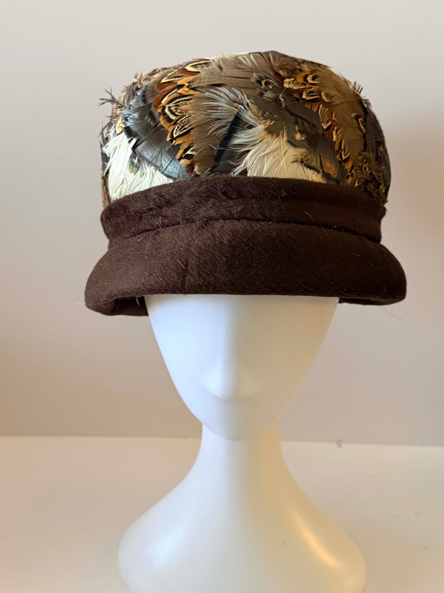 Vintage 1920s–1930s Inspired Cloche Hat Feather Crown Brown Felt Brim Art Deco Style Winter Millinery Statement Ha