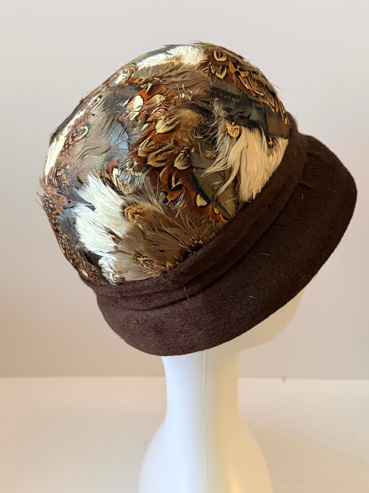 Vintage 1920s–1930s Inspired Cloche Hat Feather Crown Brown Felt Brim Art Deco Style Winter Millinery Statement Ha