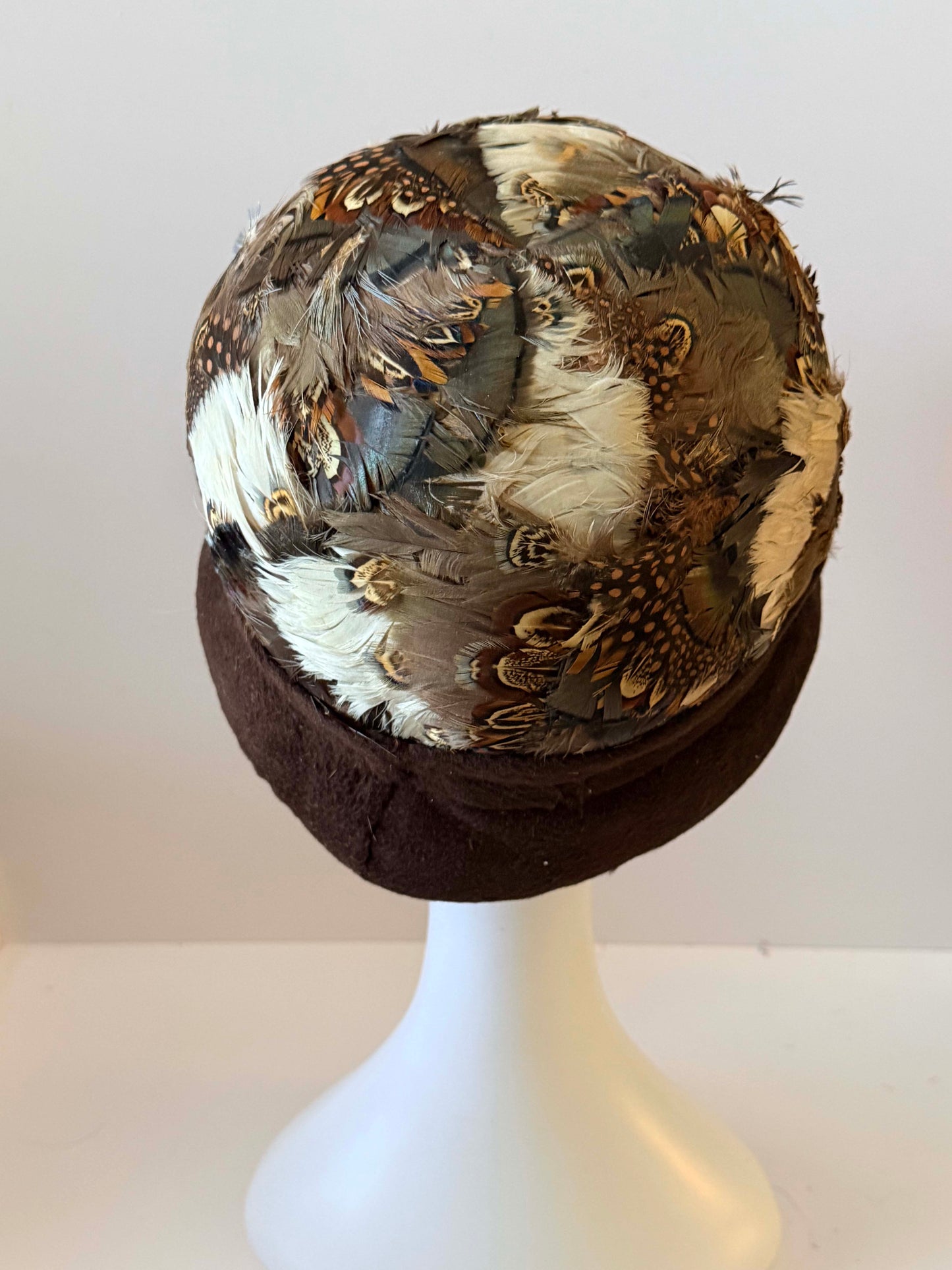 Vintage 1920s–1930s Inspired Cloche Hat Feather Crown Brown Felt Brim Art Deco Style Winter Millinery Statement Ha