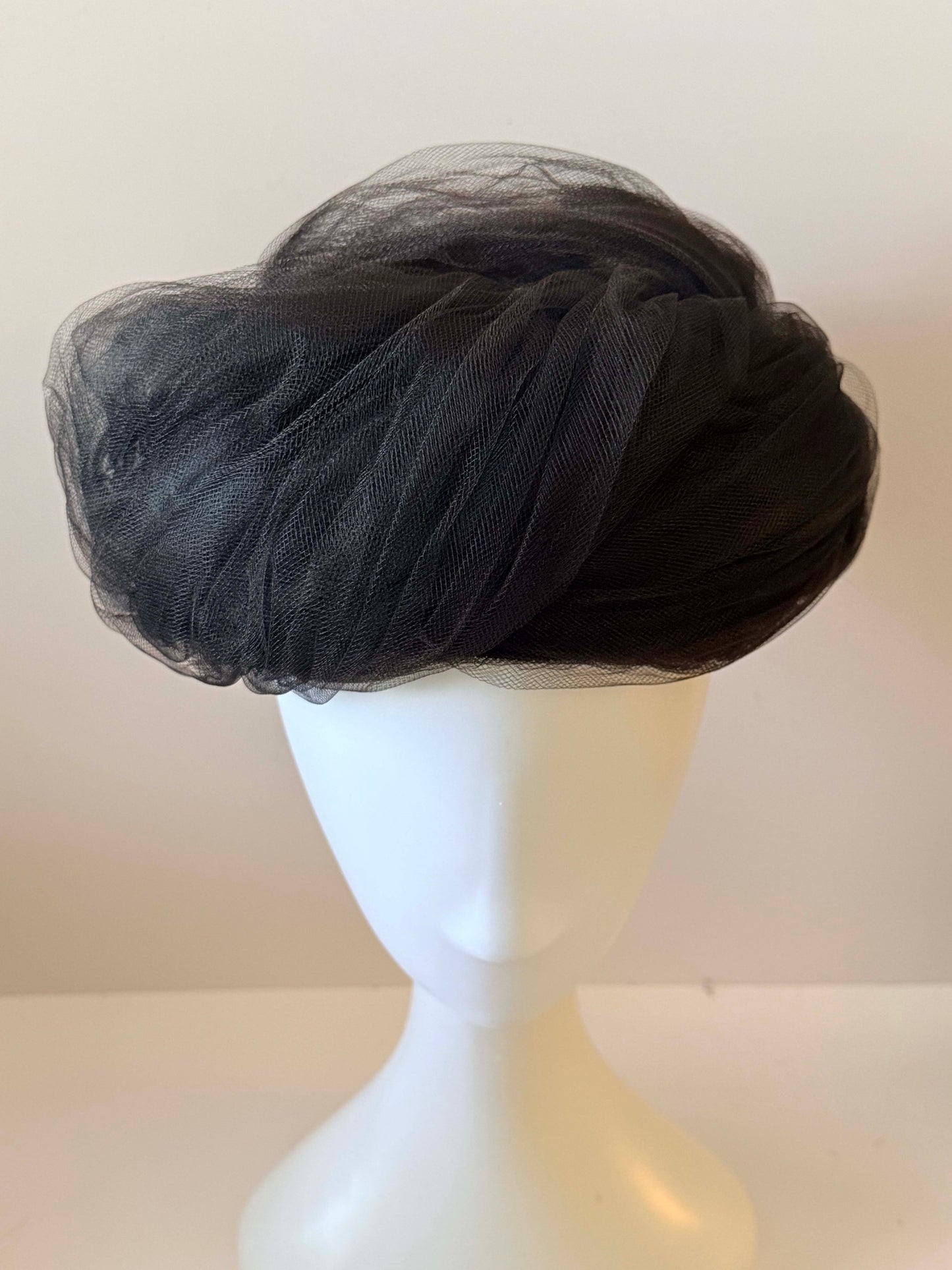 1950s Mr John Black Tulle Mesh Turban Hat De Young Originals New York Draped Veil Cocktail Hat Couture Millinery
