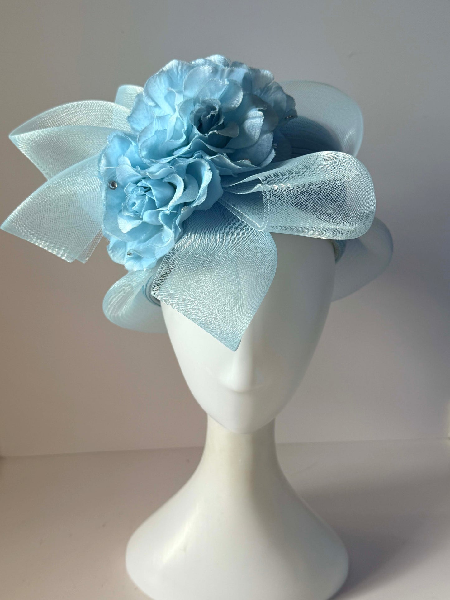 Vintage 1980s Baby Blue Hat Straw Horsehair Floral Statement Hat Church Wedding Derby Garden Party