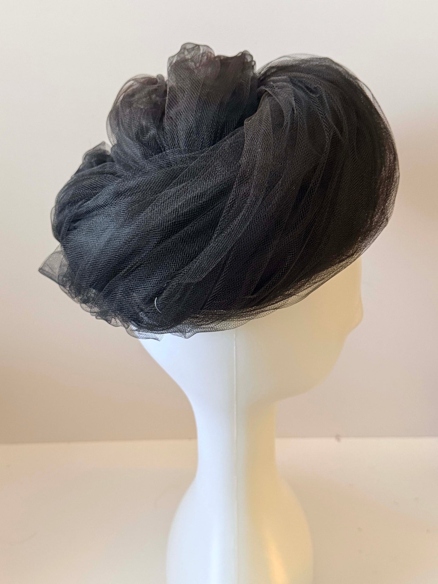 1950s Mr John Black Tulle Mesh Turban Hat De Young Originals New York Draped Veil Cocktail Hat Couture Millinery