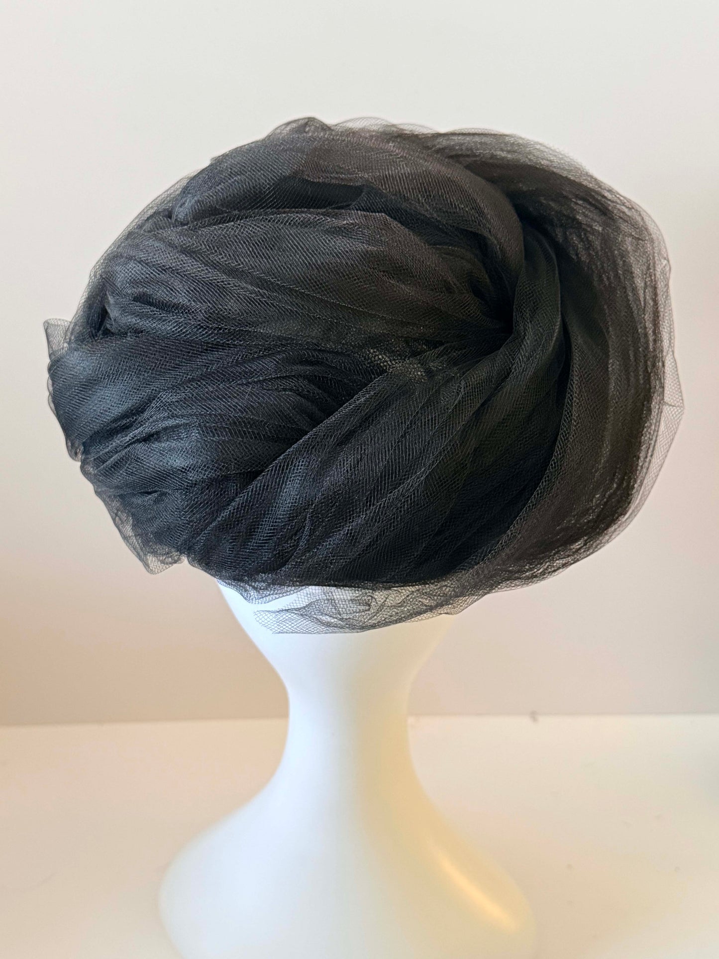 1950s Mr John Black Tulle Mesh Turban Hat De Young Originals New York Draped Veil Cocktail Hat Couture Millinery