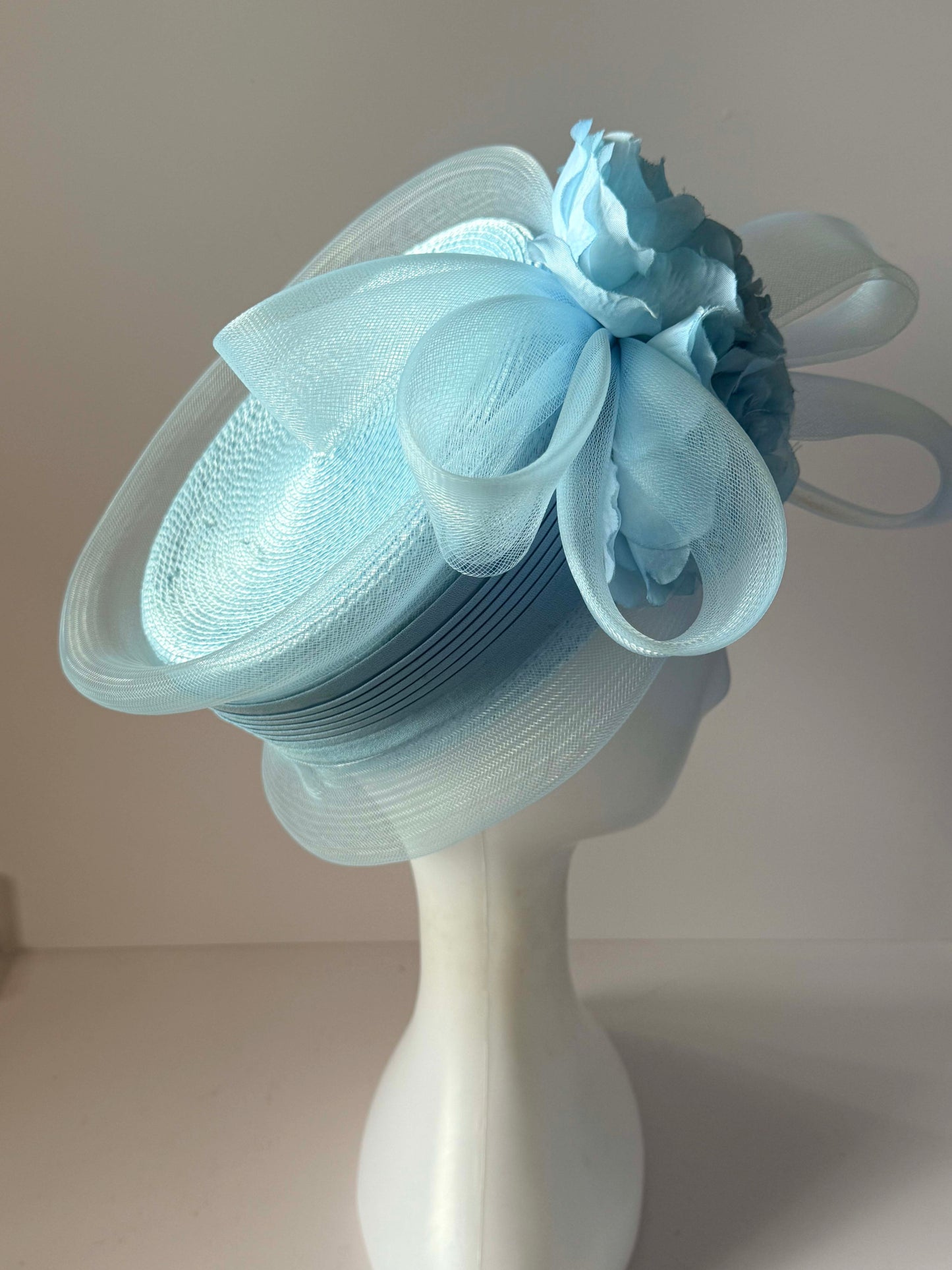 Vintage 1980s Baby Blue Hat Straw Horsehair Floral Statement Hat Church Wedding Derby Garden Party