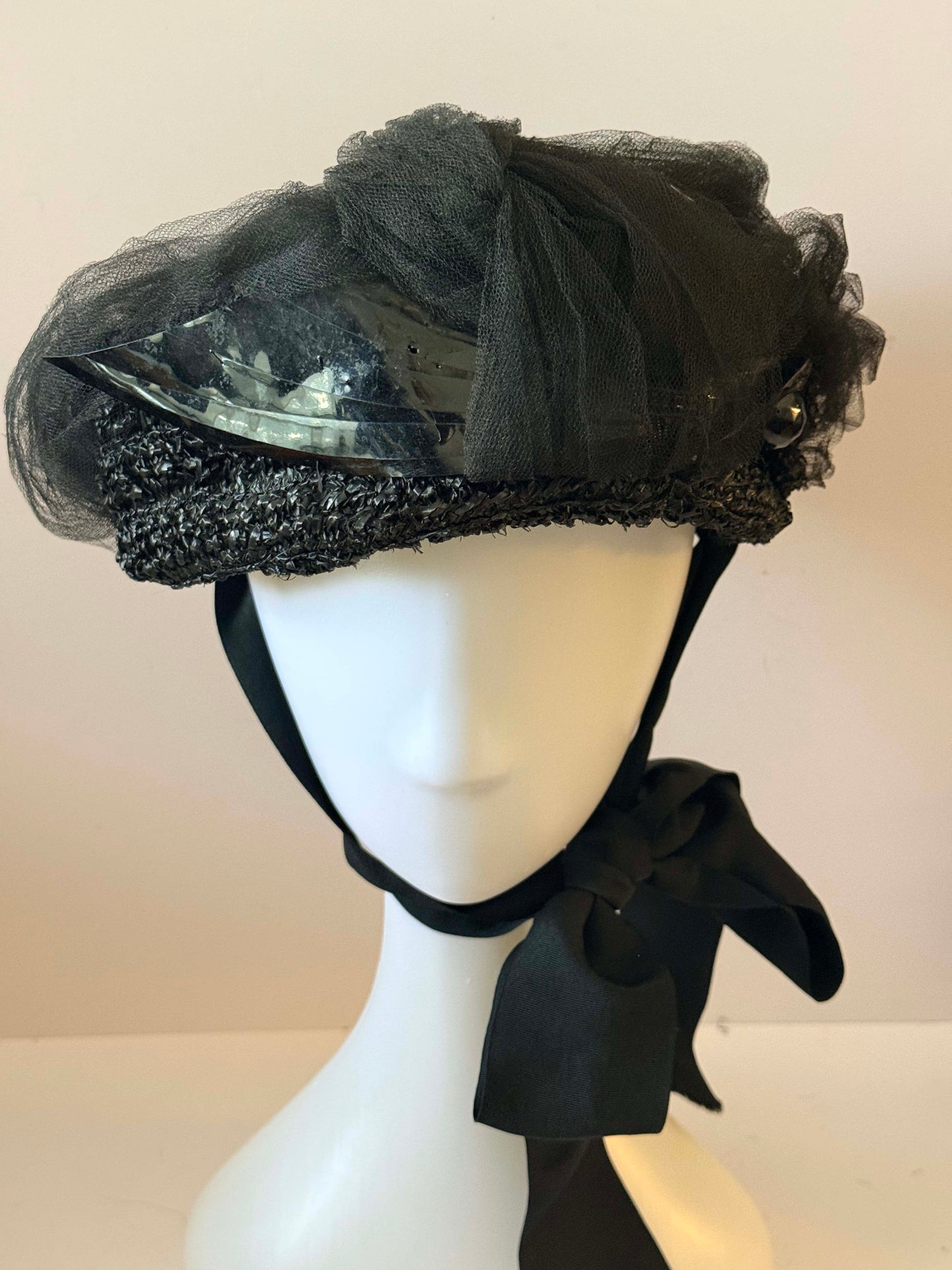 Vintage 1950s Black Veiled Chin Tiel Hat Net Tulle Hat La Salle Hat Structured Brim Satin Ribbon Tie Mid Century Evening Hat